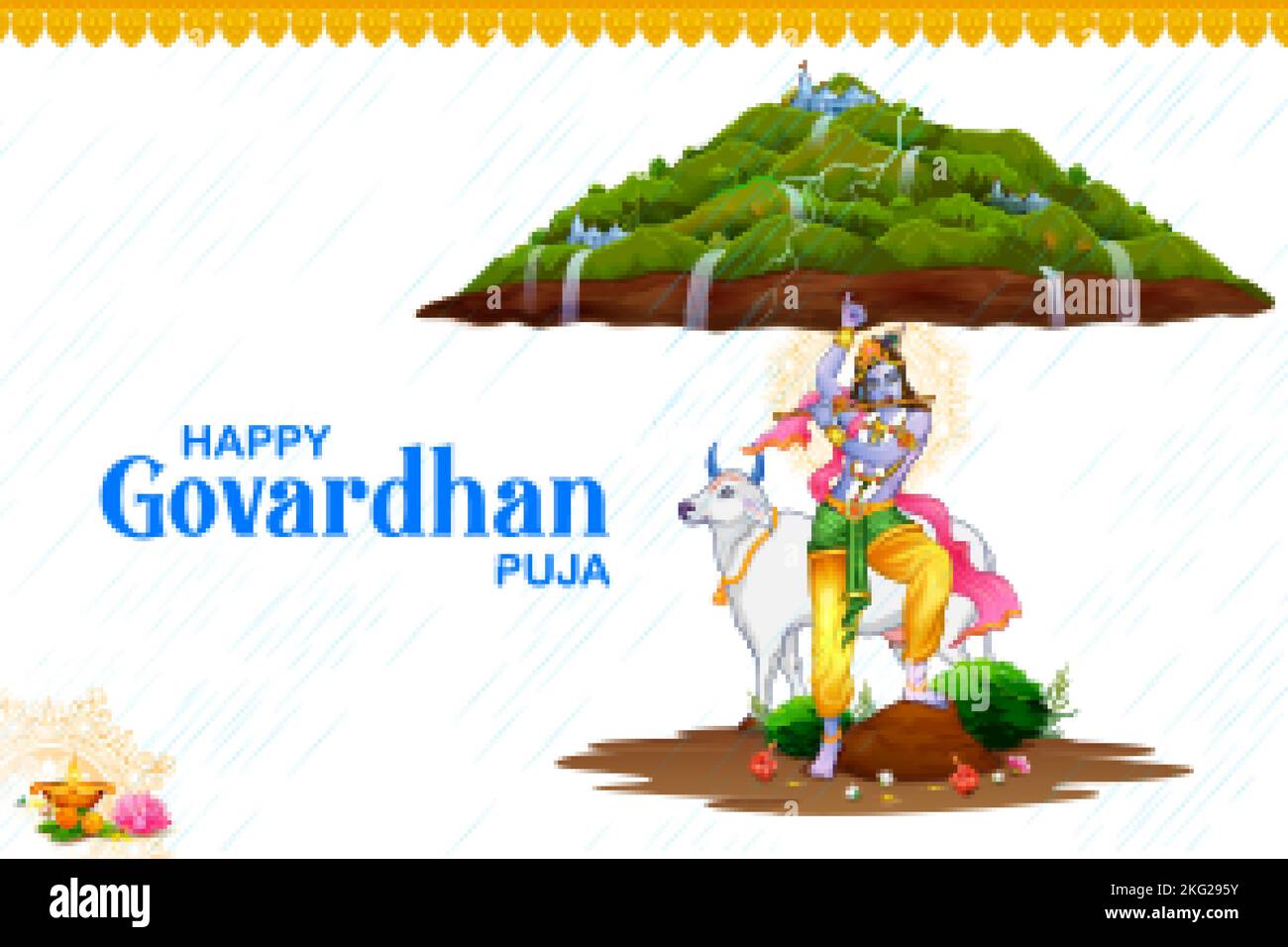 illustration of Lord Krishna lifting Govardhan mountain on Govardhan