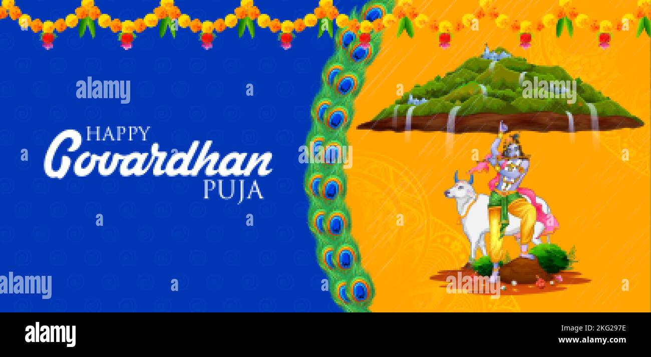 illustration of Lord Krishna lifting Govardhan mountain on Govardhan