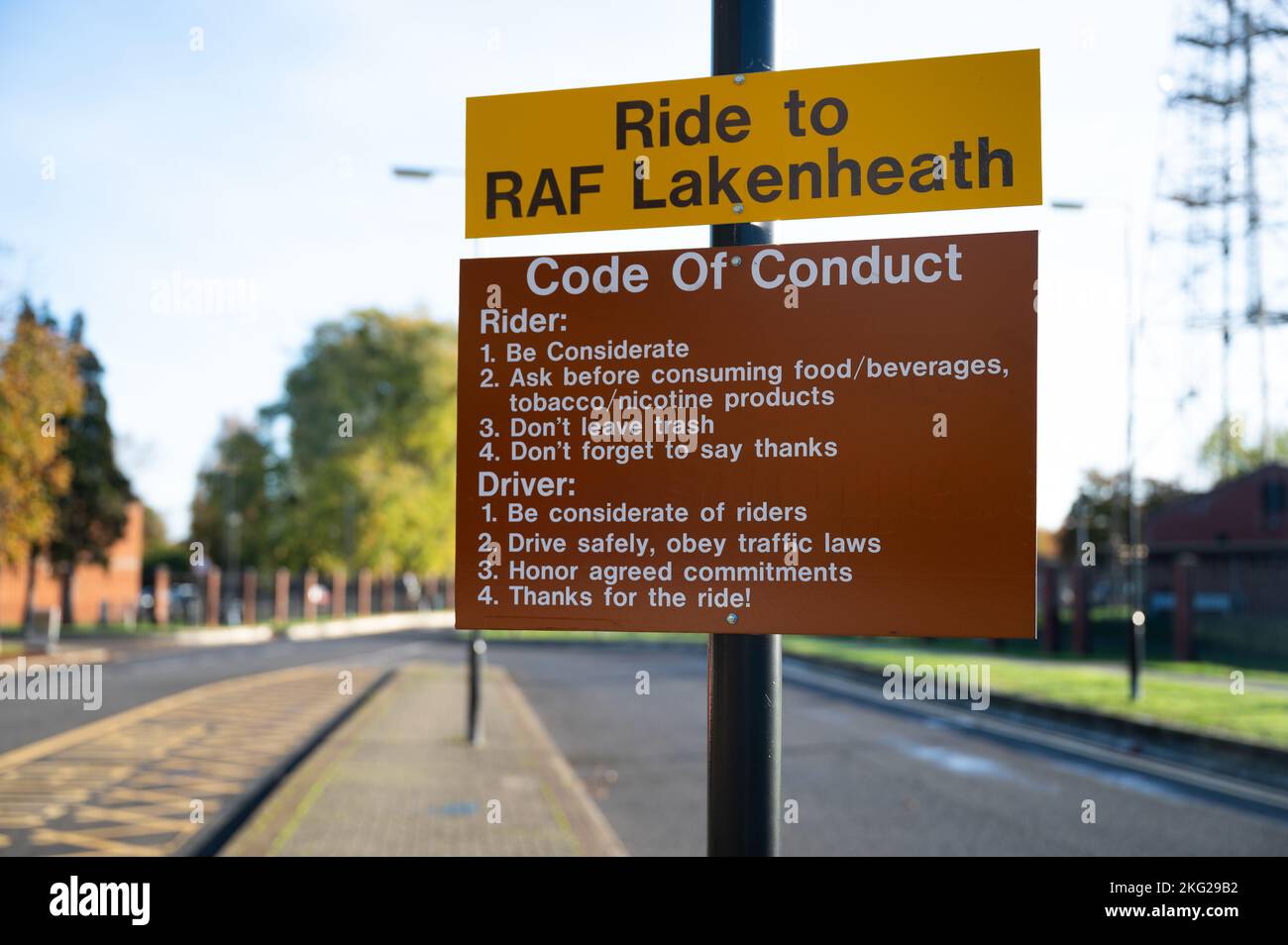 A post displays a “Ride to RAF Lakenheath” sign on Royal Air Force