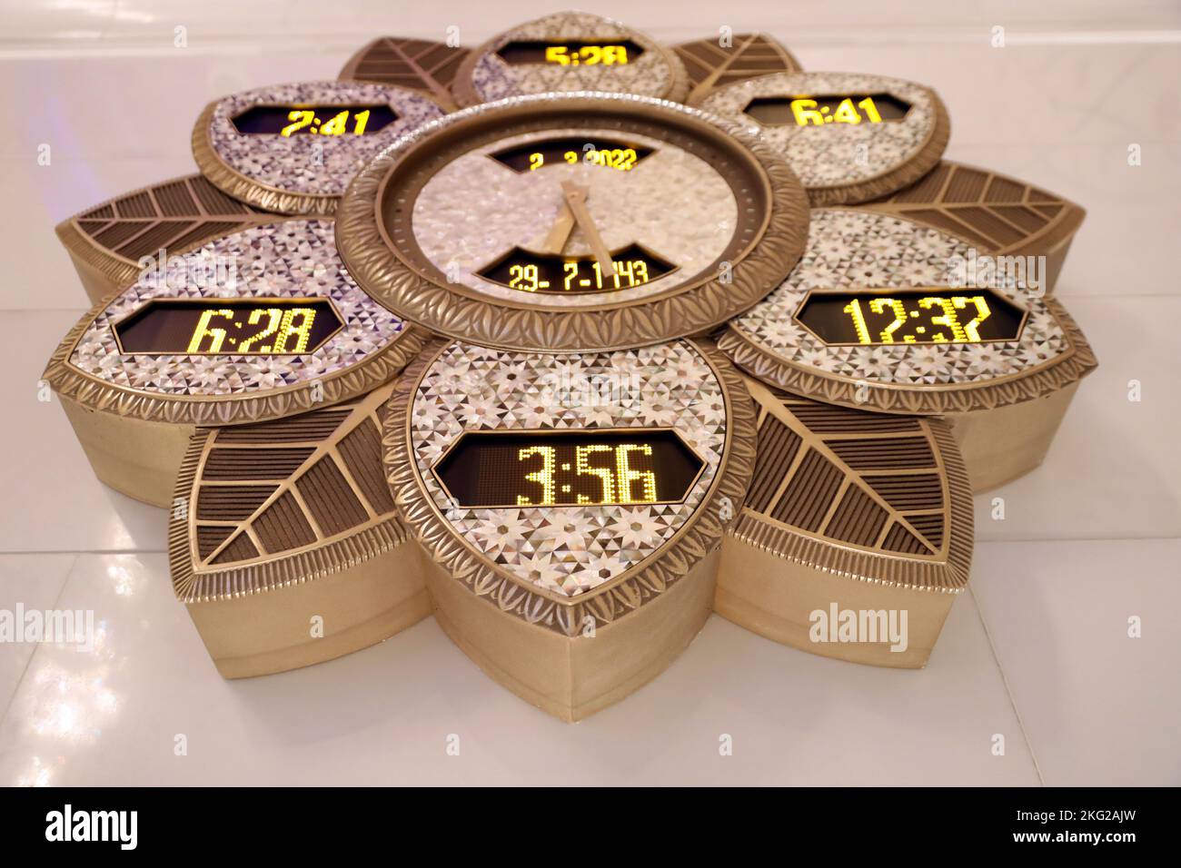 Clock indicating prayer times. Main Prayer Hall. Sheikh Zayed Mosque