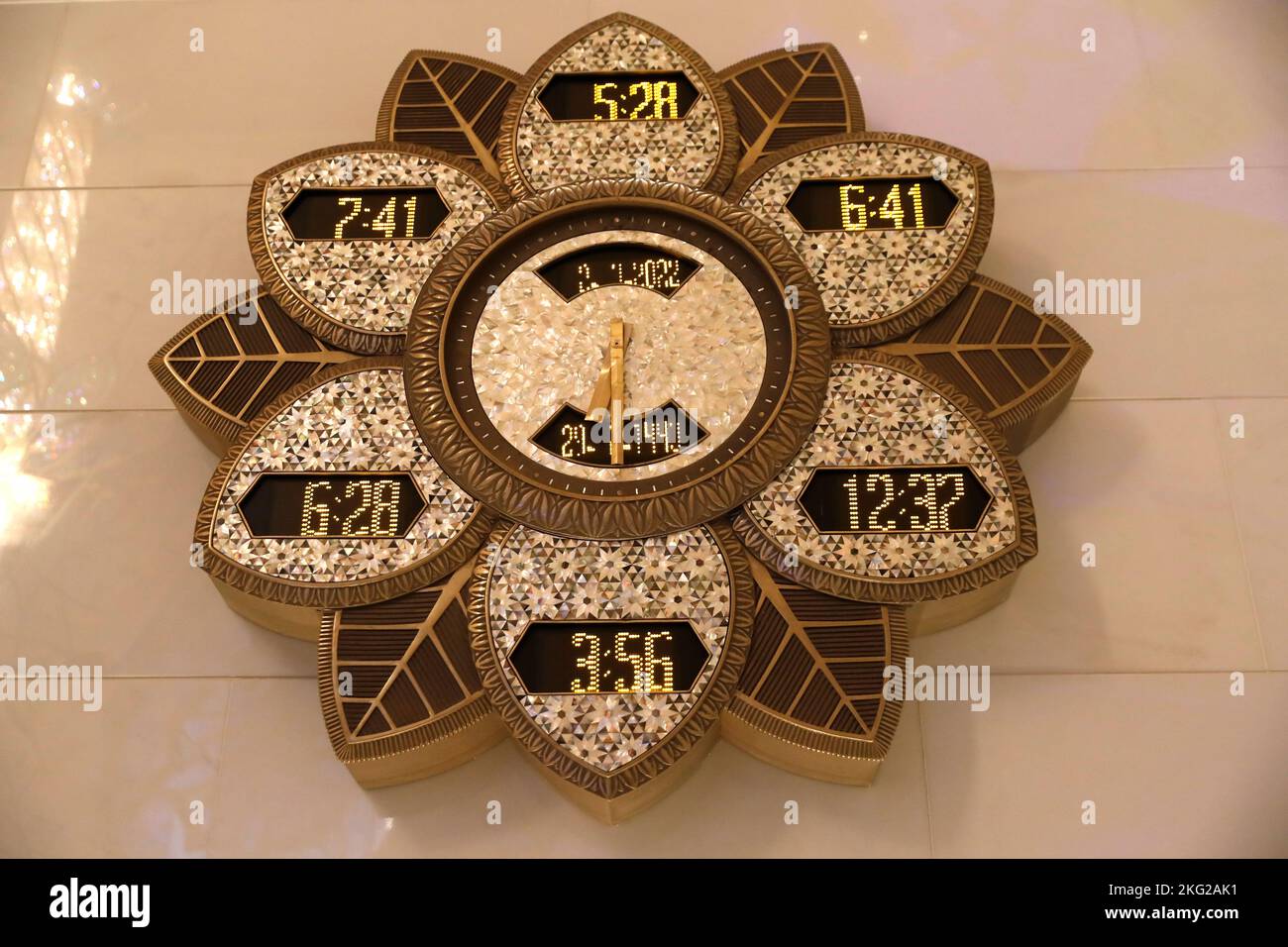 Clock indicating prayer times. Main Prayer Hall. Sheikh Zayed Mosque