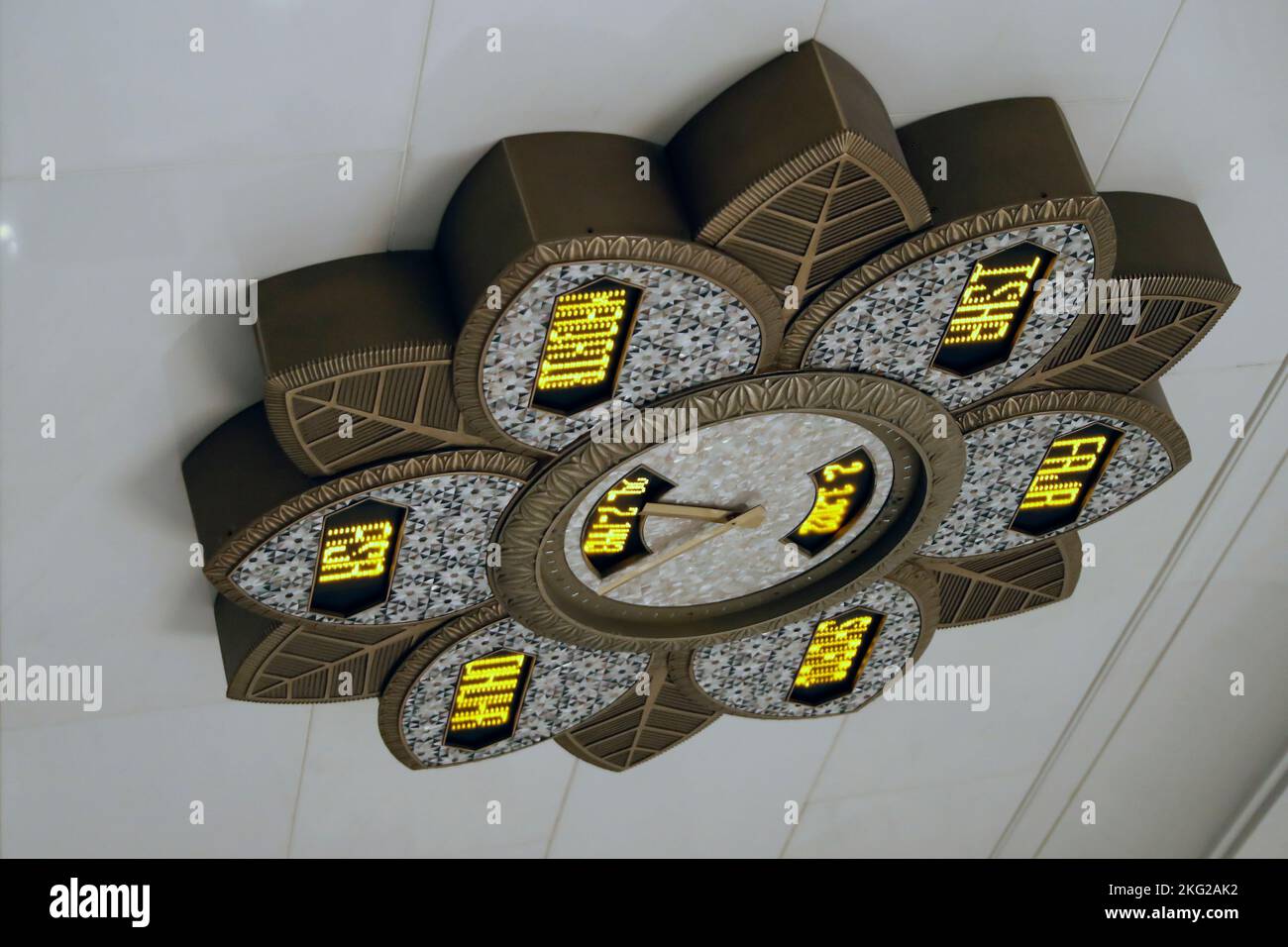Clock indicating prayer times. Main Prayer Hall. Sheikh Zayed Mosque