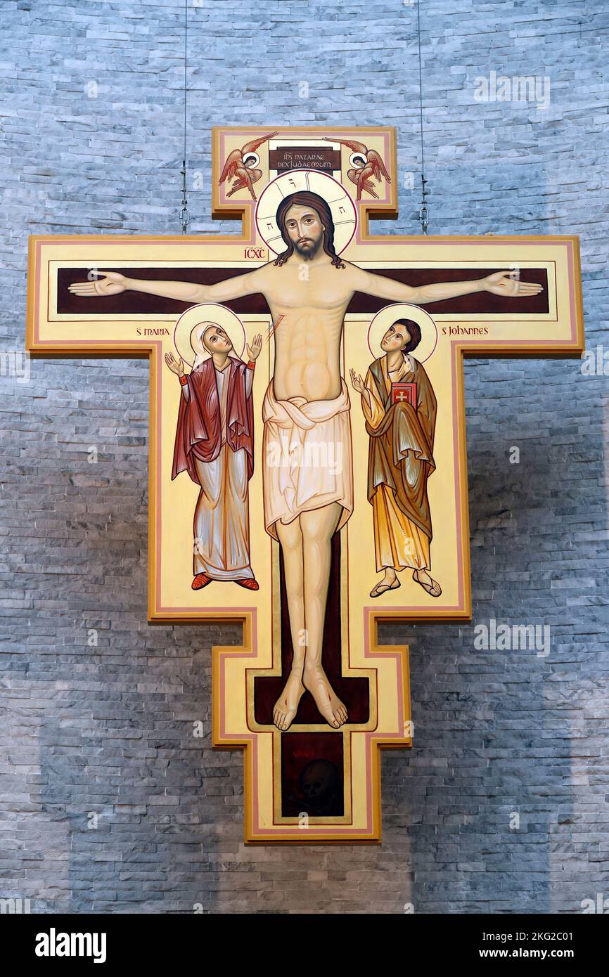 Sainte Claire Catholic church. Icone of Jesus on the cross. Switzerland. Stock Photo