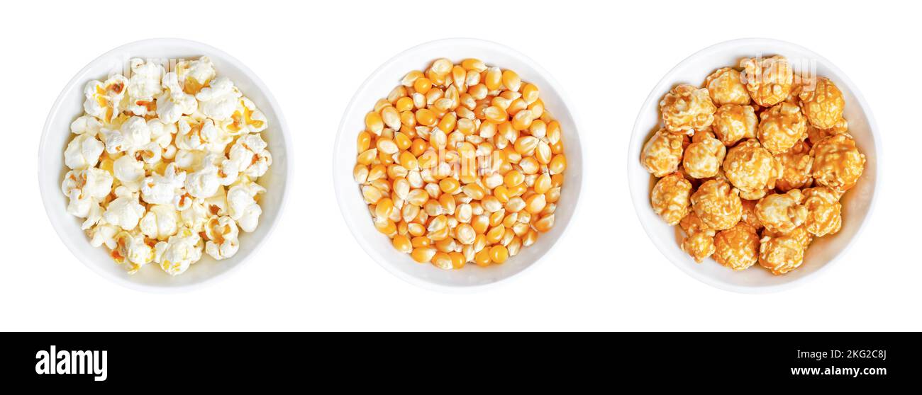 Popcorn, unpopped, popped and caramel coated, in white bowls. Butterfly