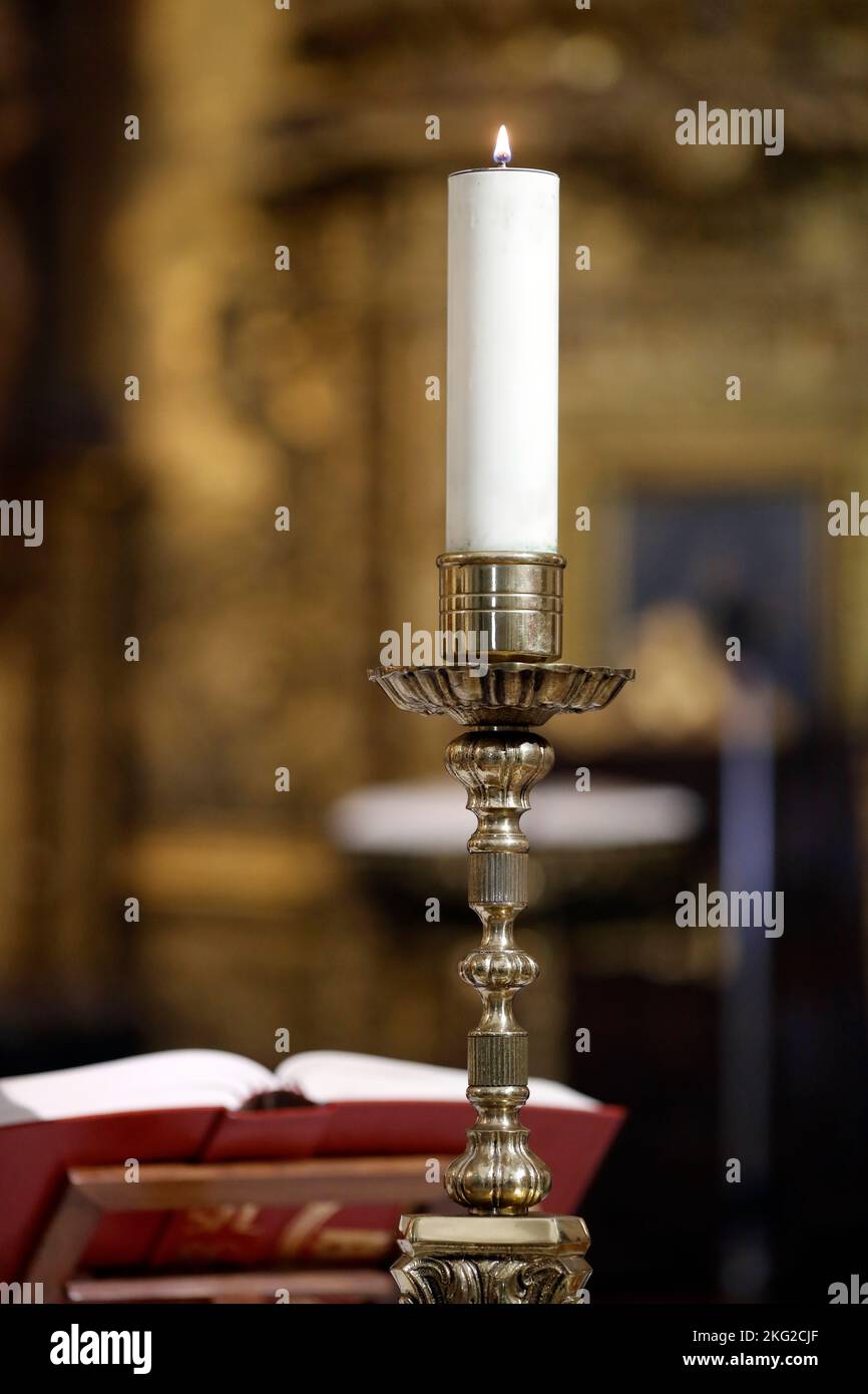 Church candle on altar. Santo Christo church. Spain Stock Photo Alamy