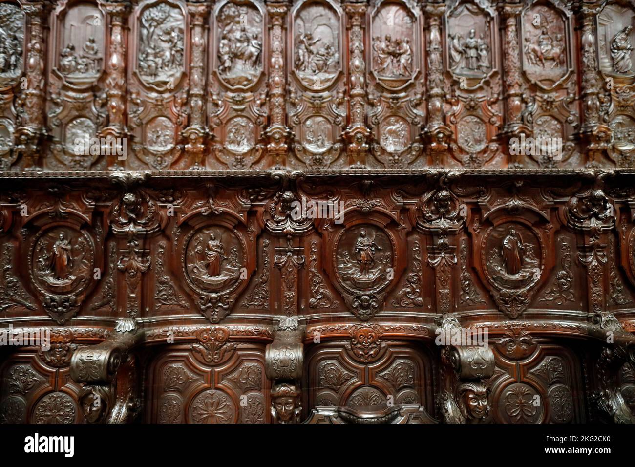 Mosque Cathedral of Cordoba.  Interior of the Cathedral of the Conception of Our Lady.  Decorated and gilded choir stalls. Spain. Stock Photo