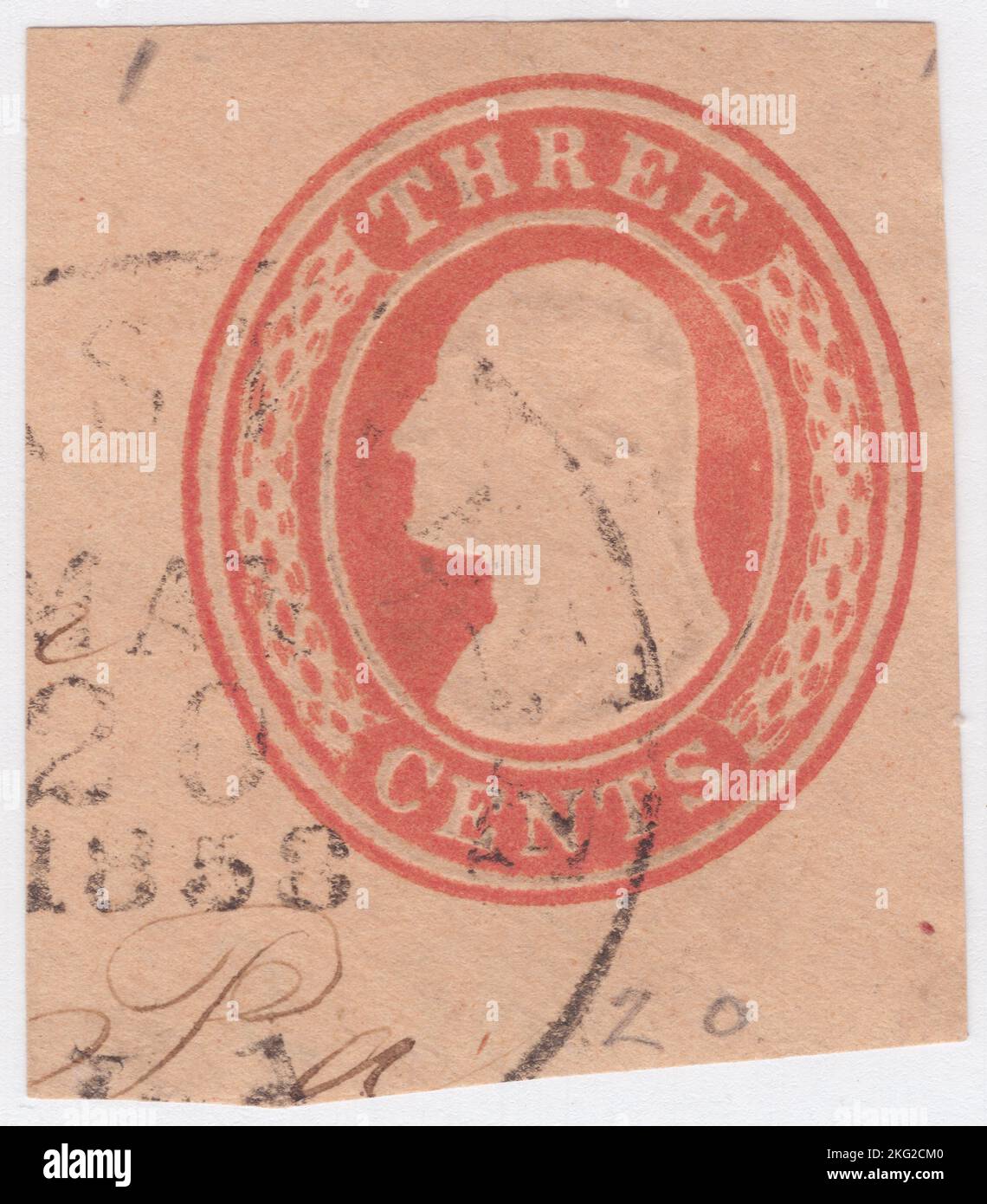 USA - 1854: Fragment of an original 3-cent stamped envelope, red on buff, stamp depicting a embossed portrait of George Washington. American military officer, statesman, and Founding Father who served as the first president of the United States from 1789 to 1797. Appointed by the Continental Congress as commander of the Continental Army, Washington led the Patriot forces to victory in the American Revolutionary War and served as the president of the Constitutional Convention of 1787, which created the Constitution of the United States and the American federal government Stock Photo