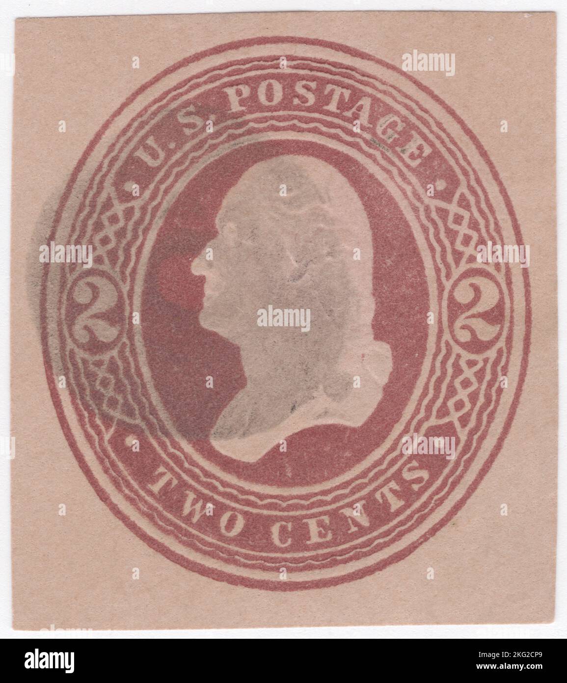 USA - 1884: Fragment of an original 2-cent stamped envelope, brown on amber, stamp depicting a embossed portrait of George Washington. American military officer, statesman, and Founding Father who served as the first president of the United States from 1789 to 1797. Appointed by the Continental Congress as commander of the Continental Army, Washington led the Patriot forces to victory in the American Revolutionary War and served as the president of the Constitutional Convention of 1787, which created the Constitution of the United States and the American federal government Stock Photo