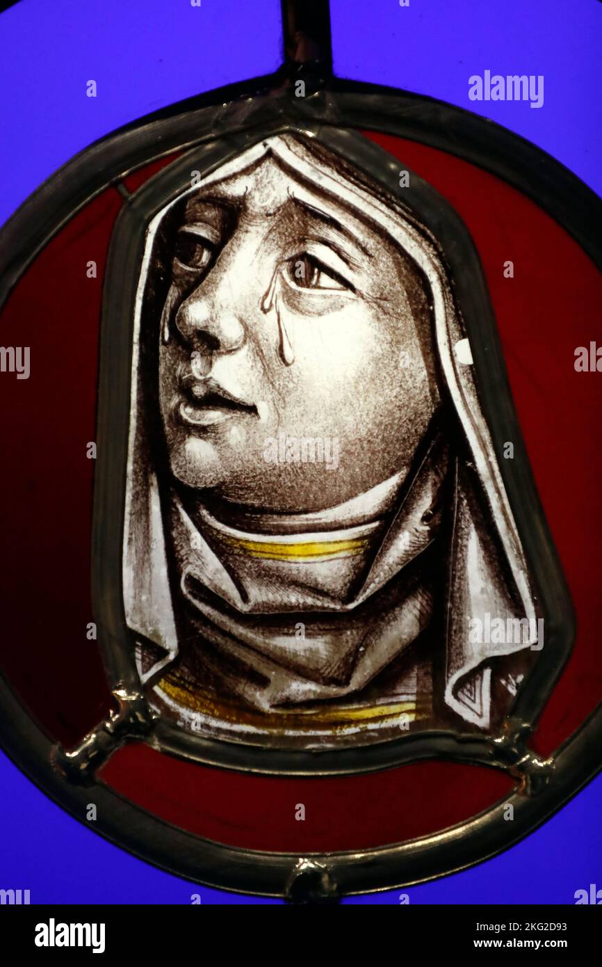 Annecy castle. The museum.   Mater dolorosa ( Virgin Mary ). Stained glass window. 16 th century.  France. Stock Photo