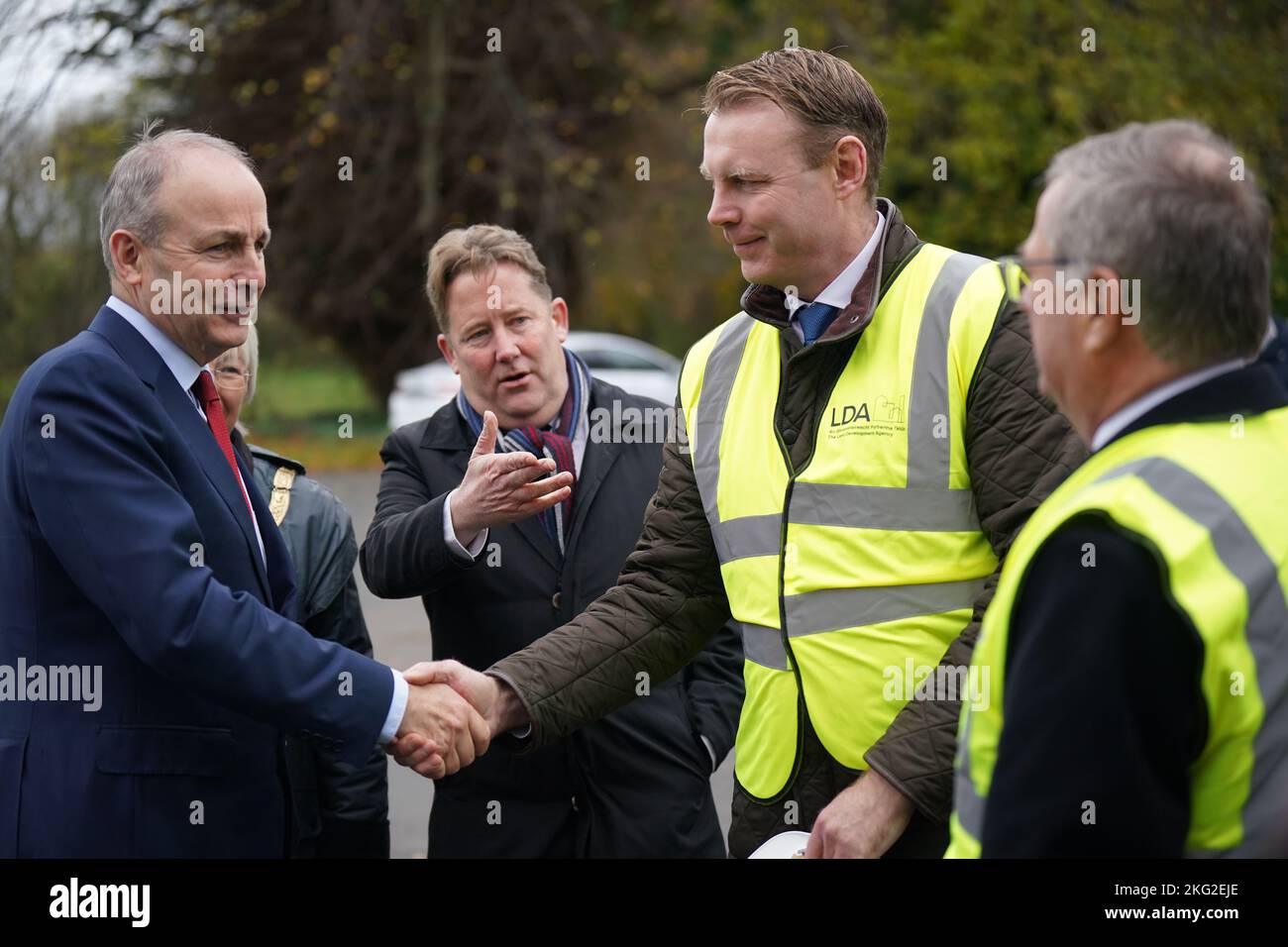 Taoiseach Micheal Martin (left) and Minister for Housing Darragh O'Brien (second left) at the sod turning to mark the start of construction of 597 affordable homes at the Shankhill development at Shanganagh, Co Dublin. Picture date: Monday November 21, 2022. Stock Photo