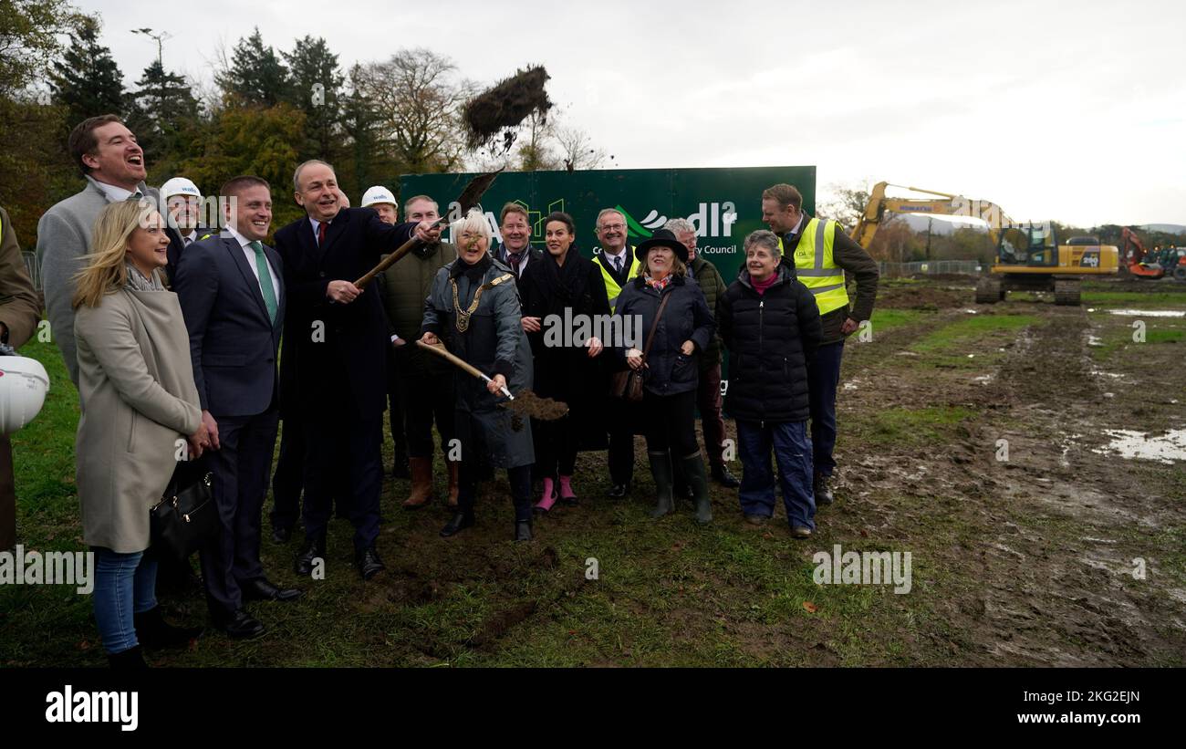 Taoiseach Micheal Martin at the sod turning to mark the start of construction of 597 affordable homes at the Shankhill development at Shanganagh, Co Dublin. Picture date: Monday November 21, 2022. Stock Photo