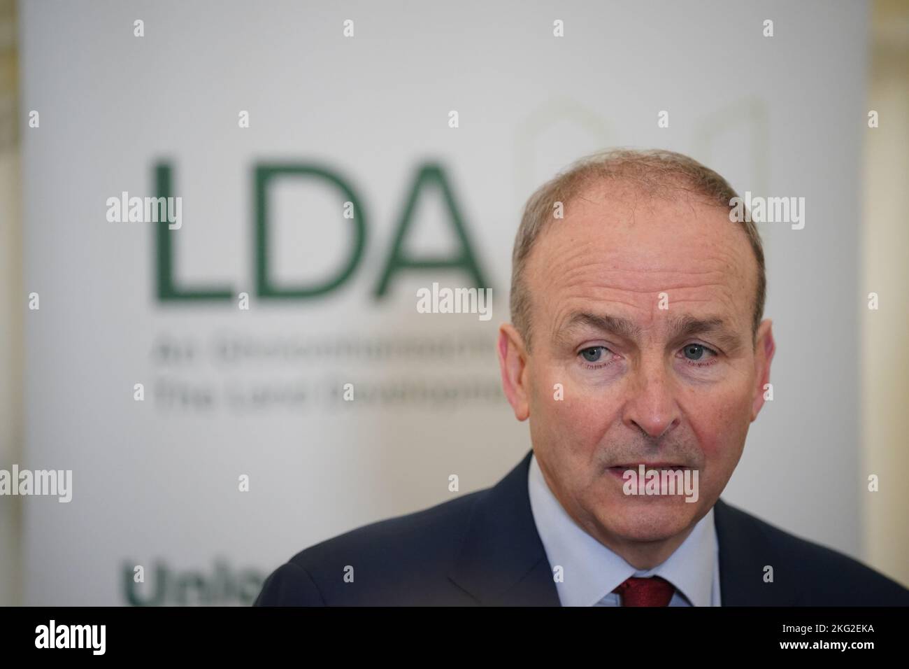 Taoiseach Micheal Martin speaking at the sod turning to mark the start of construction of 597 affordable homes at the Shankhill development at Shanganagh, Co Dublin. Picture date: Monday November 21, 2022. Stock Photo