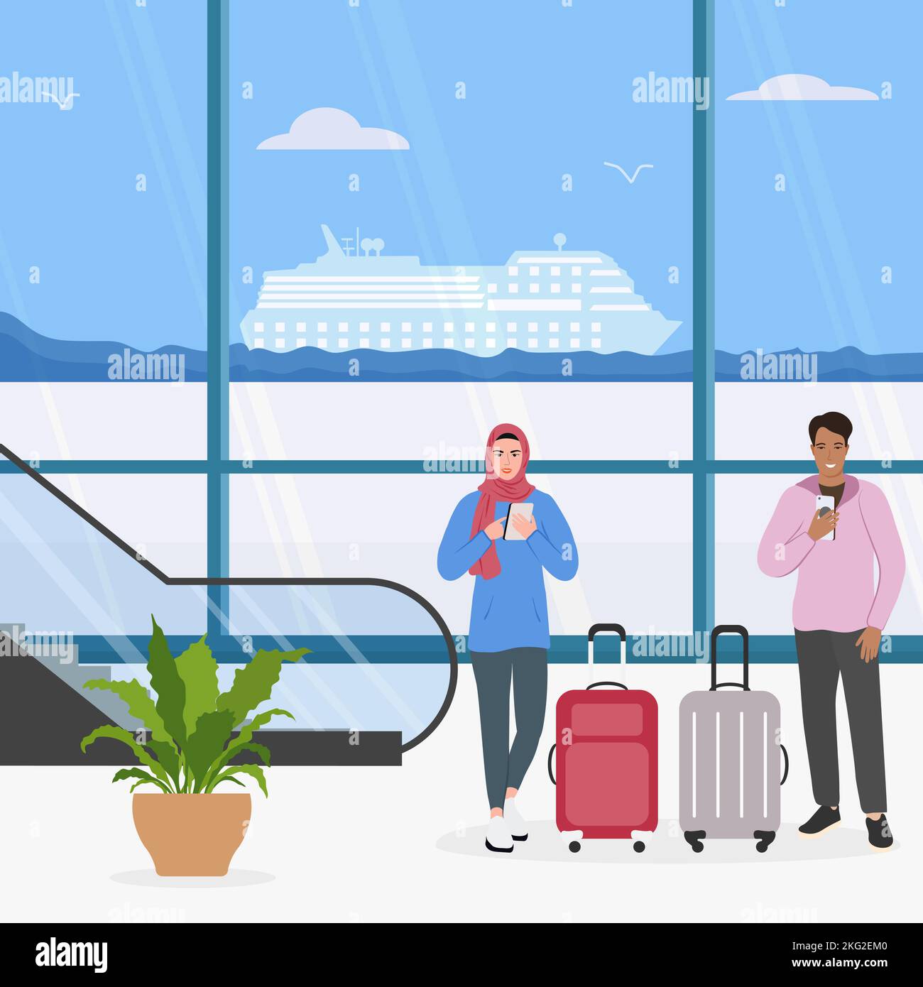 Vector illustration Caucasian man and muslim woman use cell phones with suitcases waiting for check-in sea cruise near escalator. Sea port. Passenger. Stock Vector
