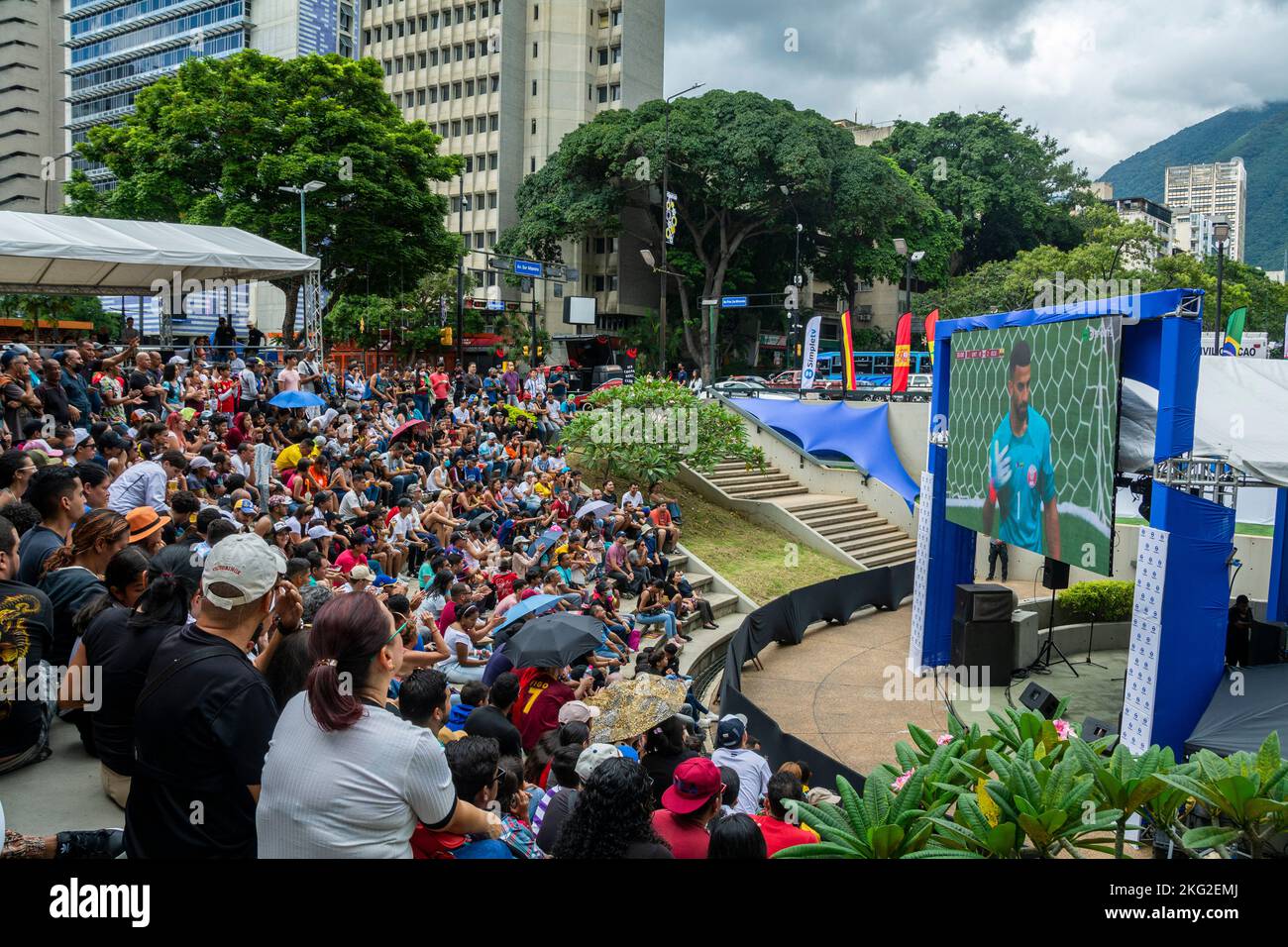 2022 FIFA World Cup opening ceremony in Caracas, Venezuela. Giant screens have been installed in different squares of the capital city to watch the Wo Stock Photo