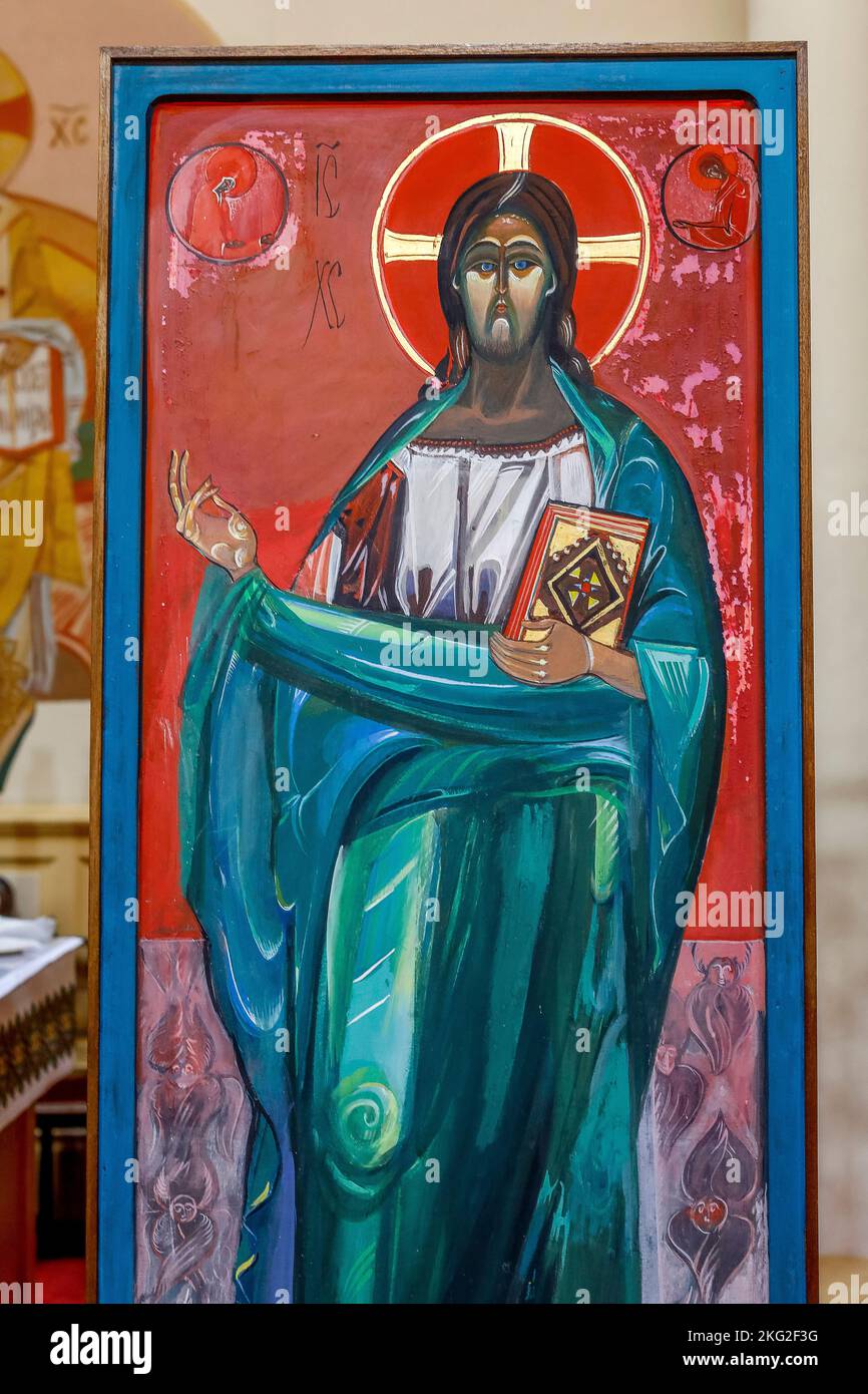 Pantocrator Christ icon in Saint Volodymyr Greek catholic Ukrainian cathedral, Paris, France. Stock Photo