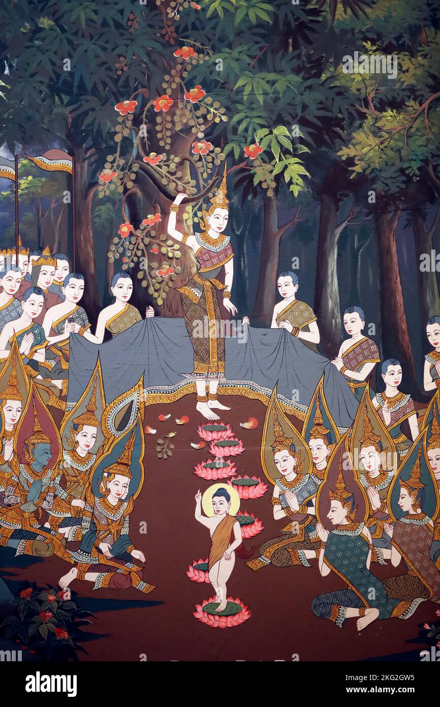 Life of Buddha. The birth of infant Siddhartha as a prince who pointing to the North, walked