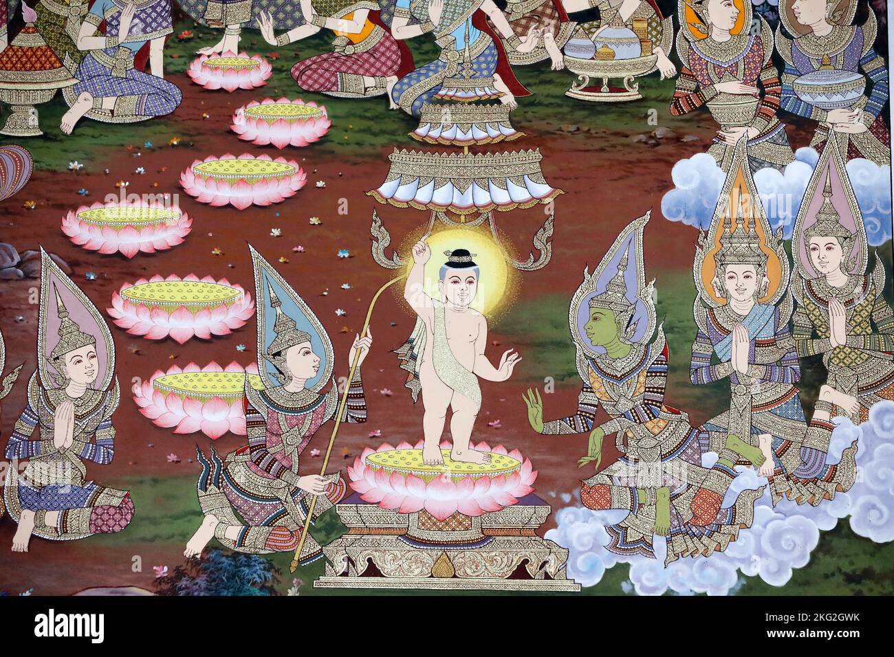 Life of Buddha. The birth of infant Siddhartha as a prince who pointing to the North, walked