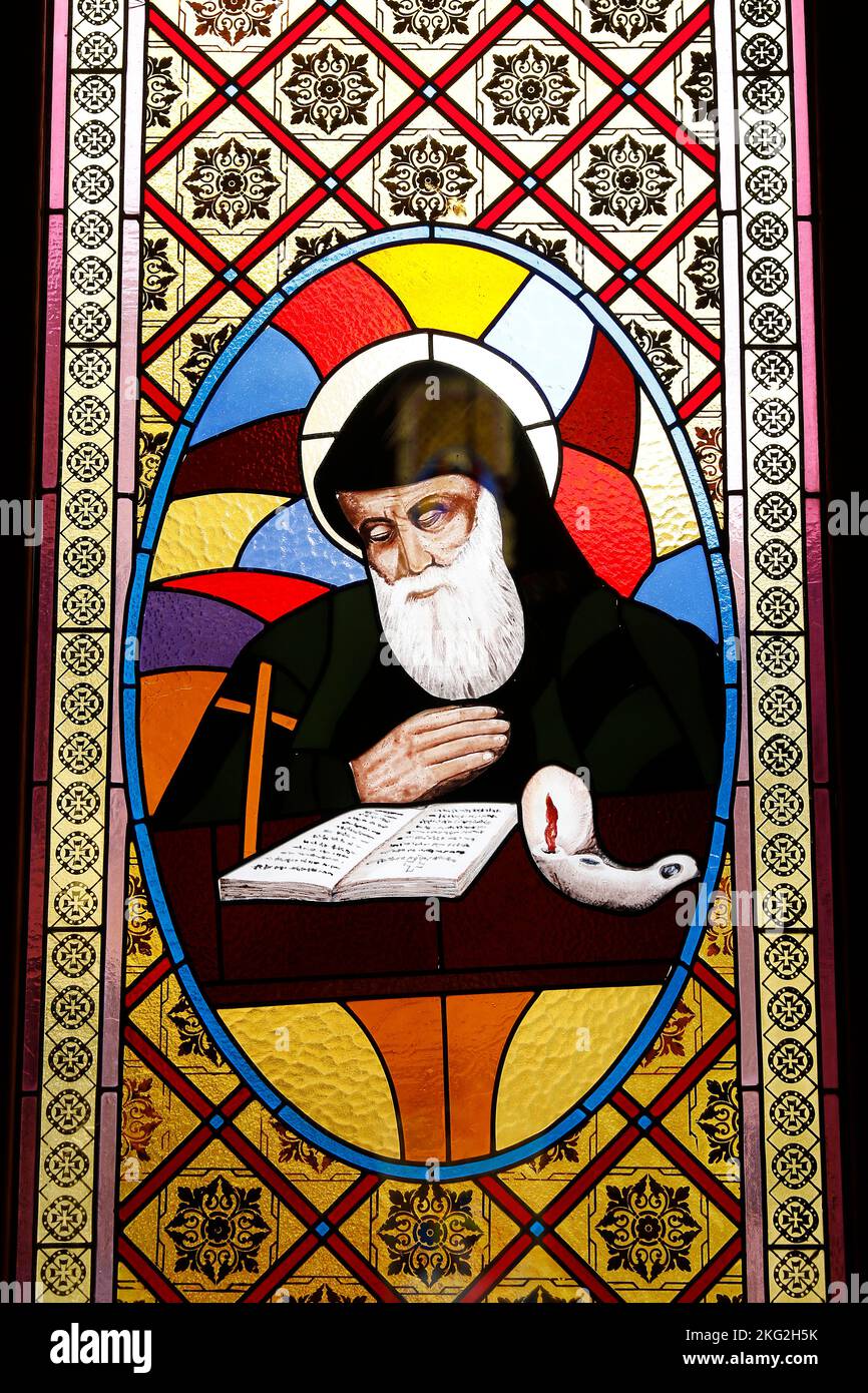 Church stained glass in Bekaa Kafra, Saint Charbel's native village in Lebanon Stock Photo Alamy
