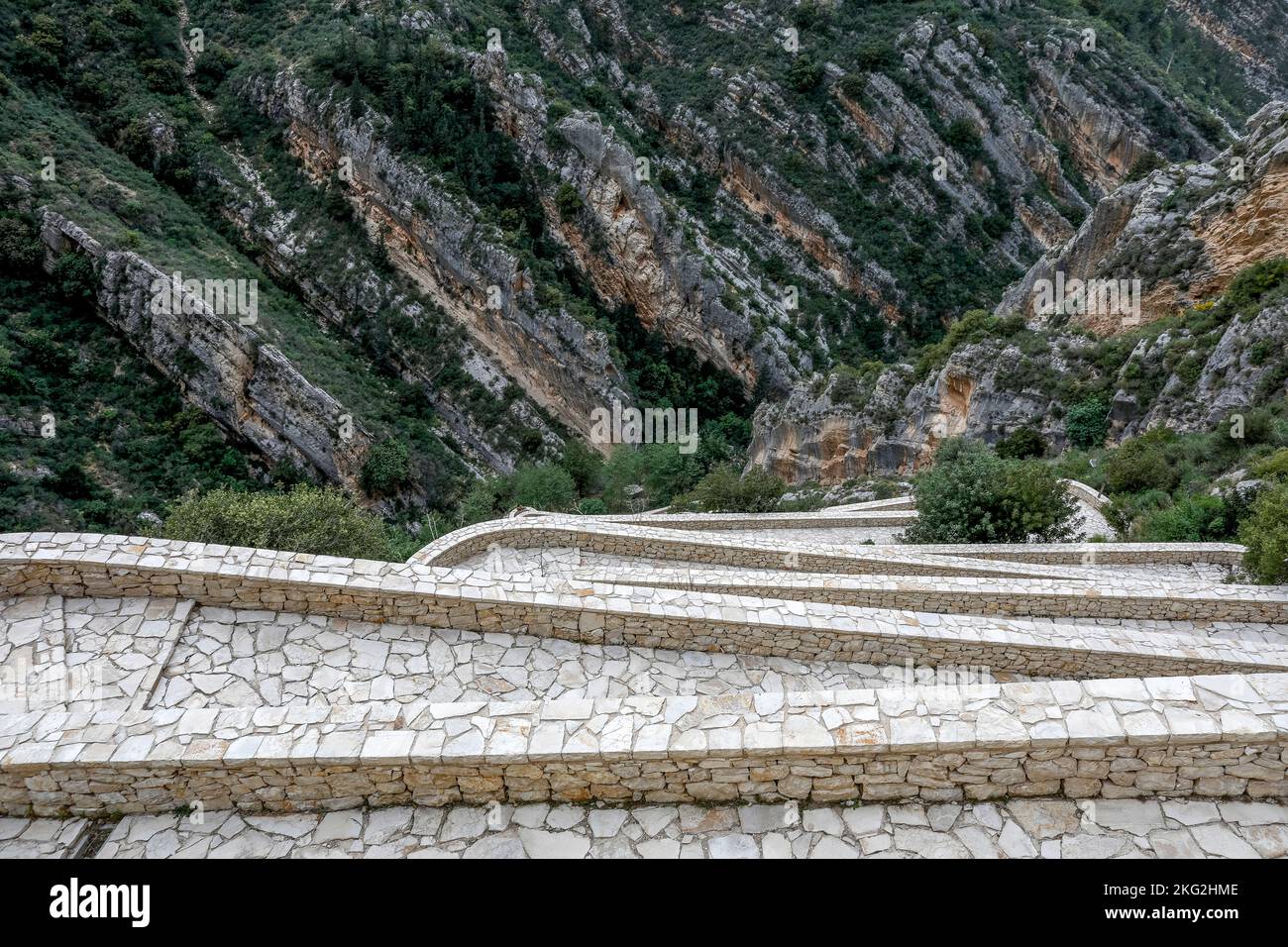 View of Kannoubine valley and stairway to Our Lady of Hamatoura orthodox monastery, Kousba, Lebanon Stock Photo