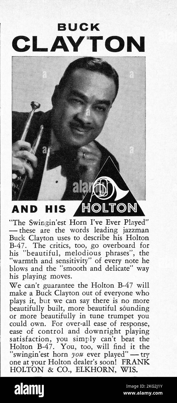 An advertisement for Holton trumpets by the great Buck Clayton. From a mid 1960s music magazine. Stock Photo
