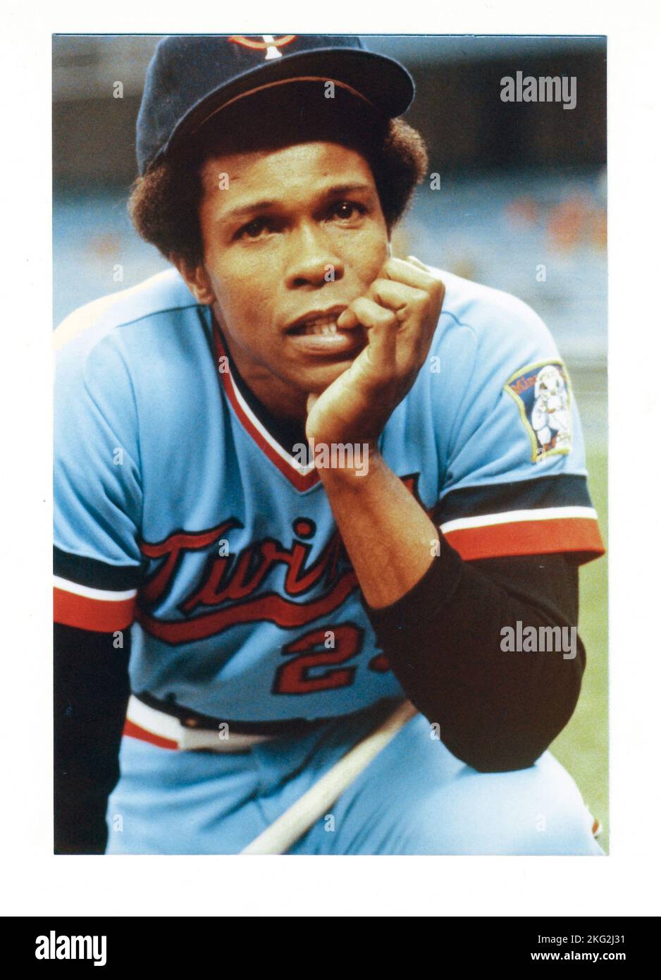 A posed portrait of Hall of Fame first baseman Rod Carew of the Minnesota Twins. At Yankee stadium in 1982. Stock Photo