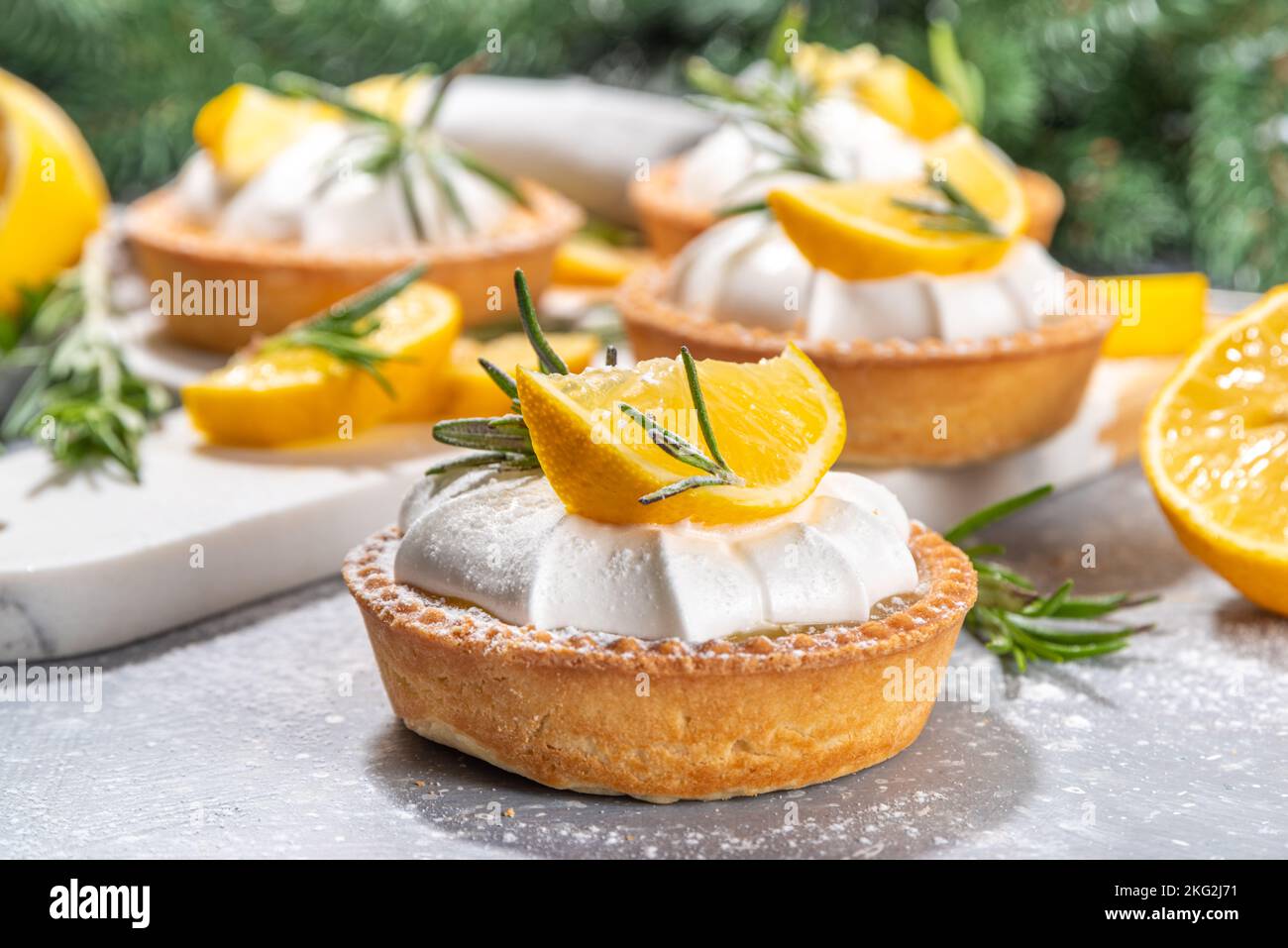 Tarlets Cake Christmas dessert, Lemon rosemary tartlets, mini tart cakes copy space ...