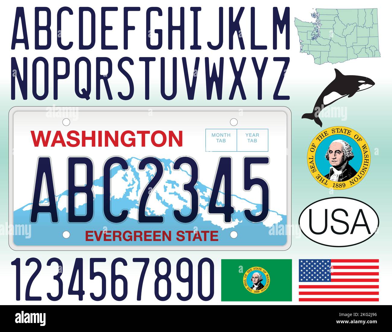 Washington US State car license plate, letters, numbers and symbols