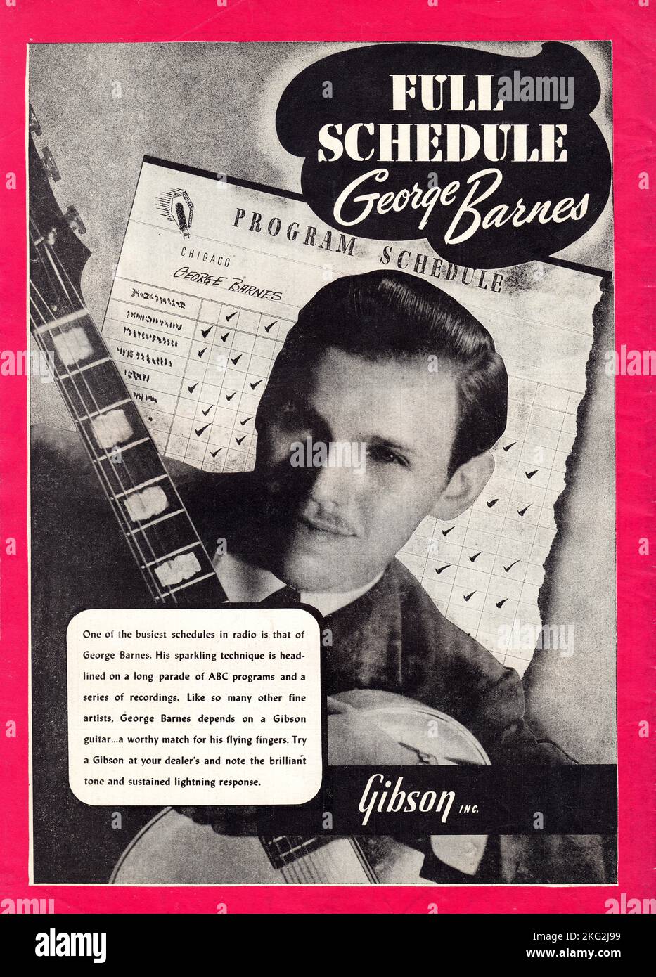 An ad for Gibson guitars from a 1946 magazine featuring American swing jazz guitarist, George Barnes. Stock Photo