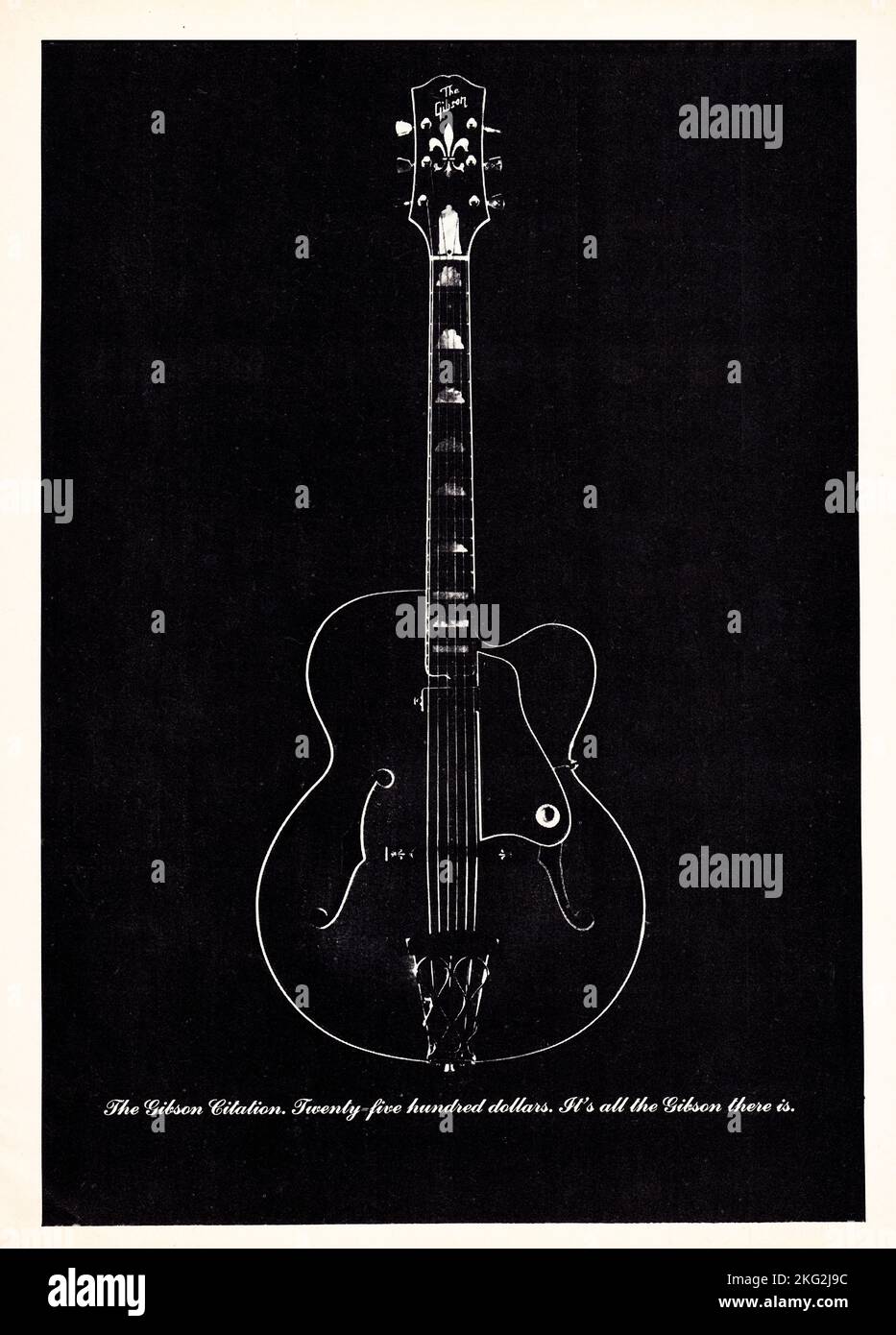 A minimalist advertisement from a 1969 music magazine for the Gibson Citation guitar It was the most ornate, labor intensive and costly production instrument the firm had ever made. With a staggering $2500 price tag, the guitar was over twice as expensive as the Super 400CN, until then Gibson's top-line acoustic archtop. Stock Photo