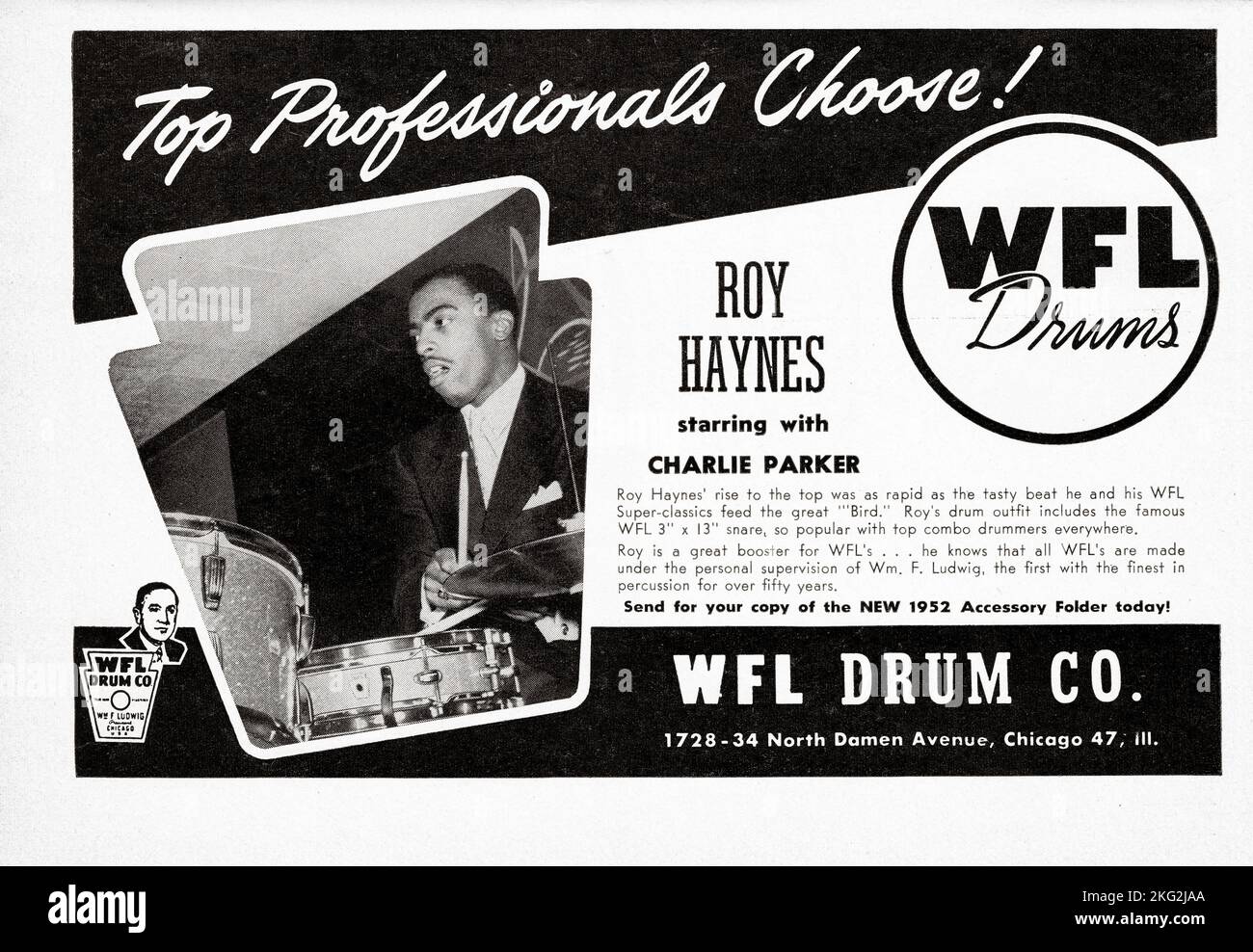 An advertisement for WFL Drums featuring jazz legend Roy Haynes Stock Photo