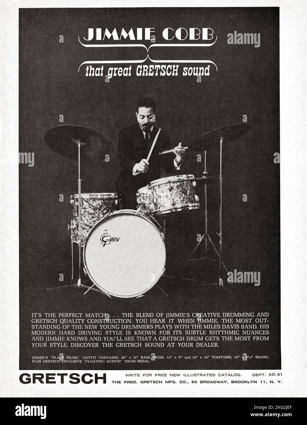 An ad for Gretsch drums in a 1960s music magazine featuring jazz drummer Jimmie Cobb. Stock Photo
