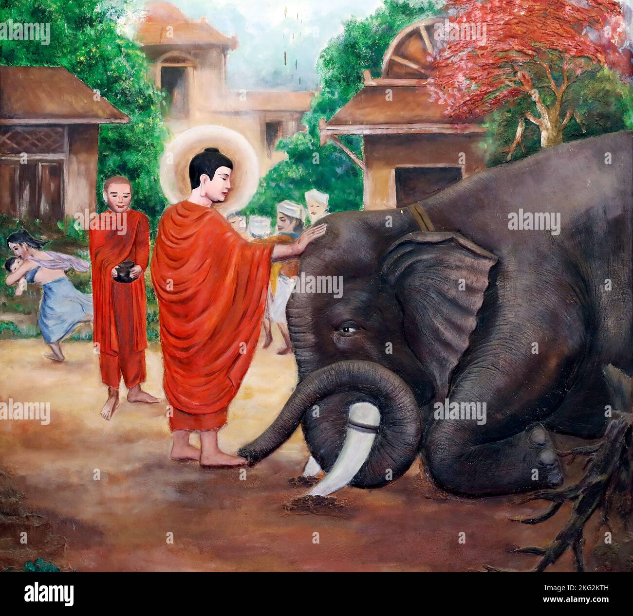 Ba Vang buddhist temple. Life of the Buddha. A wild elephant tamed by loving kindness. Uong Bi. Vietnam. Stock Photo