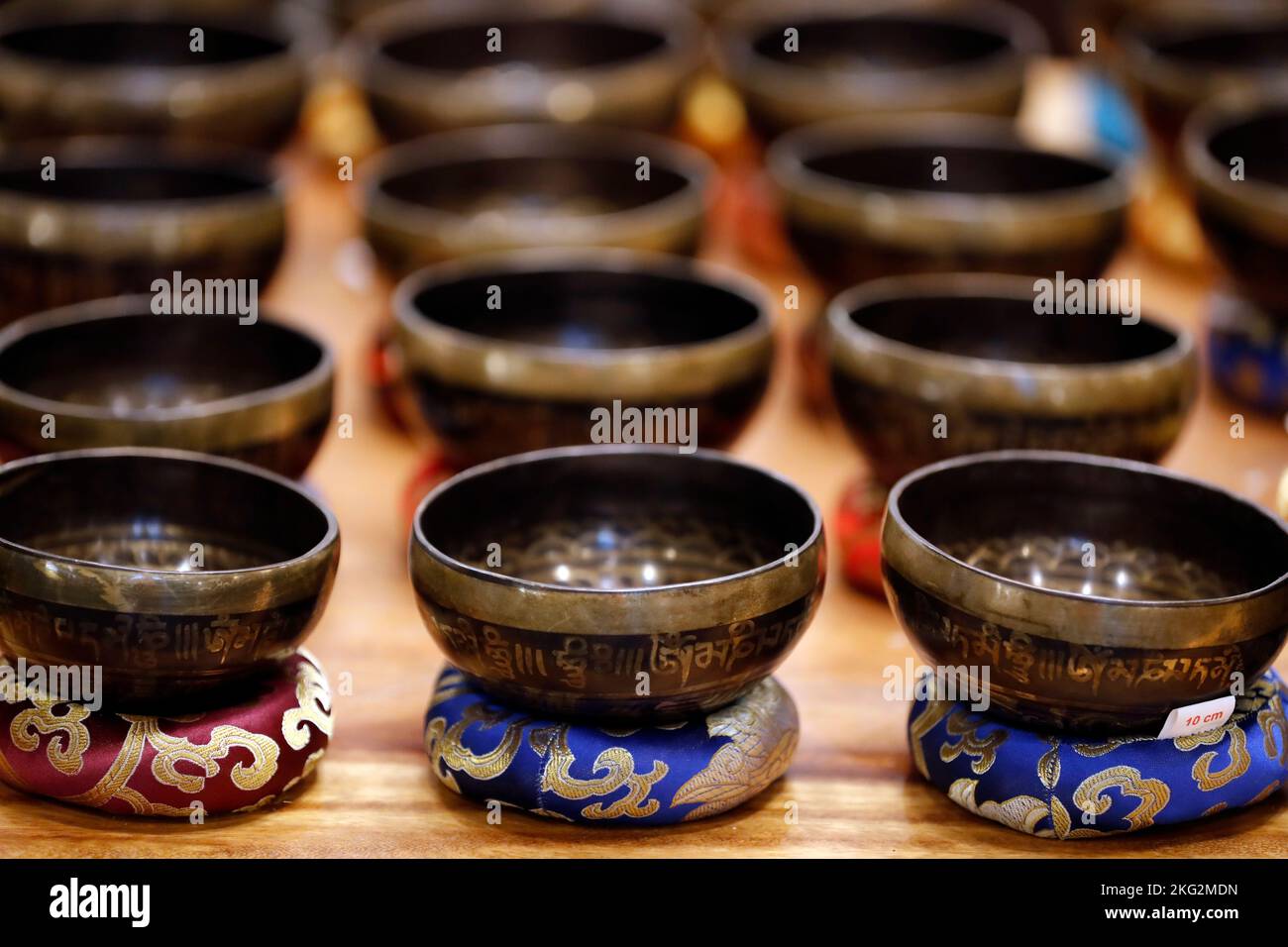 Tibetan singing bowl, buddhist instrument used in sound therapy, meditation  and yoga.  Vietnam. Stock Photo