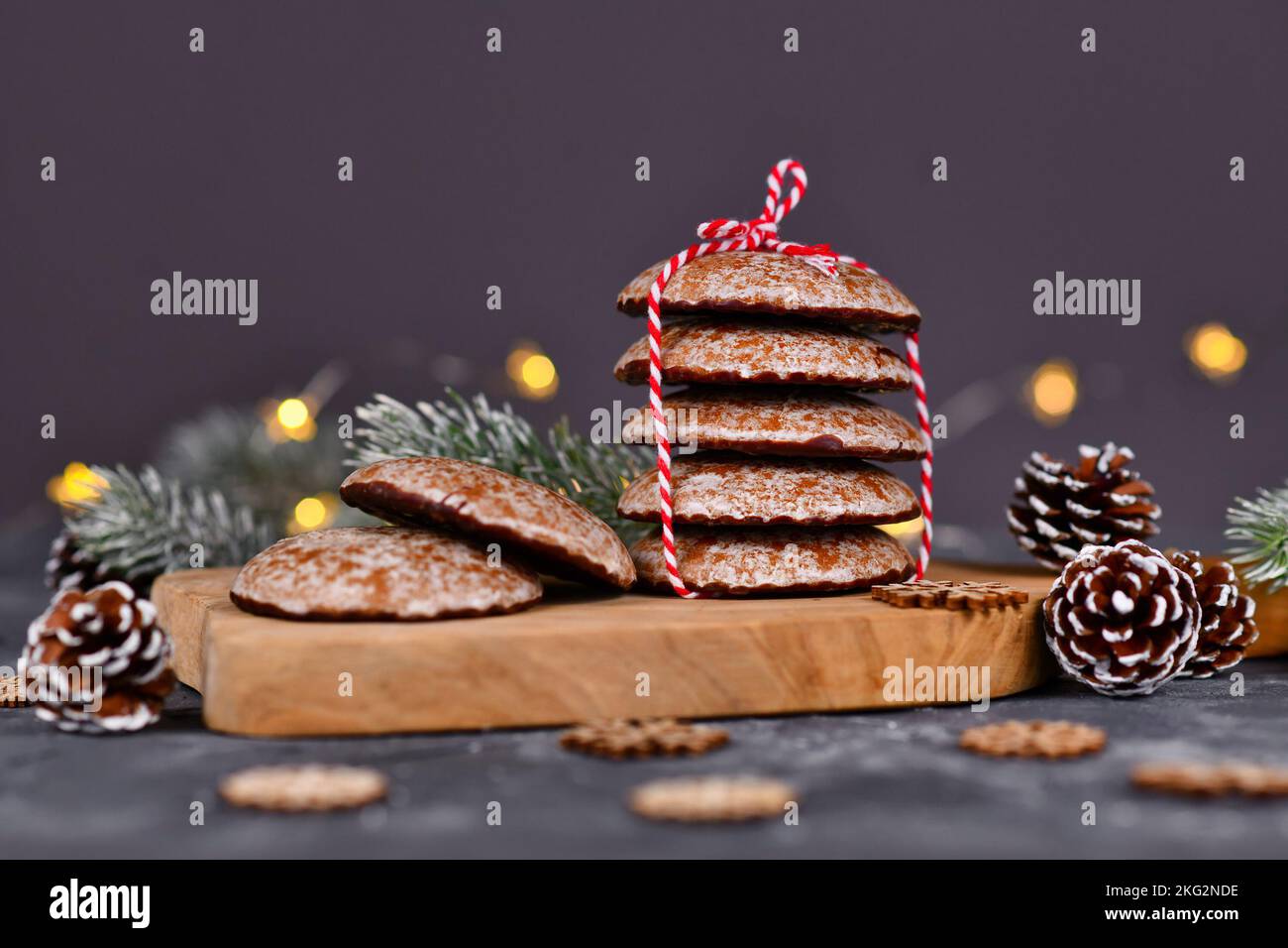 Stack of traditional German round glazed gingerbread Christmas cookie