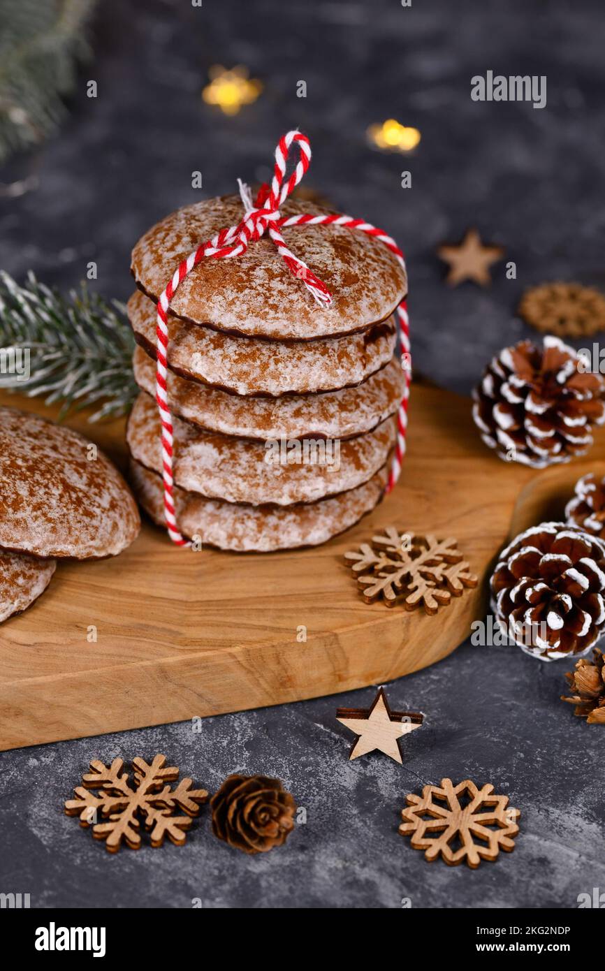 Stack of traditional German round glazed gingerbread Christmas cookie