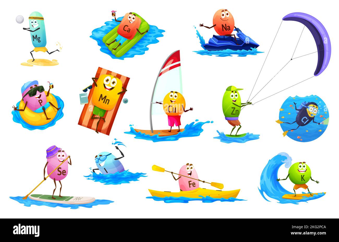 Cartoon mineral characters on summer sea vacation. Vector micronutrient