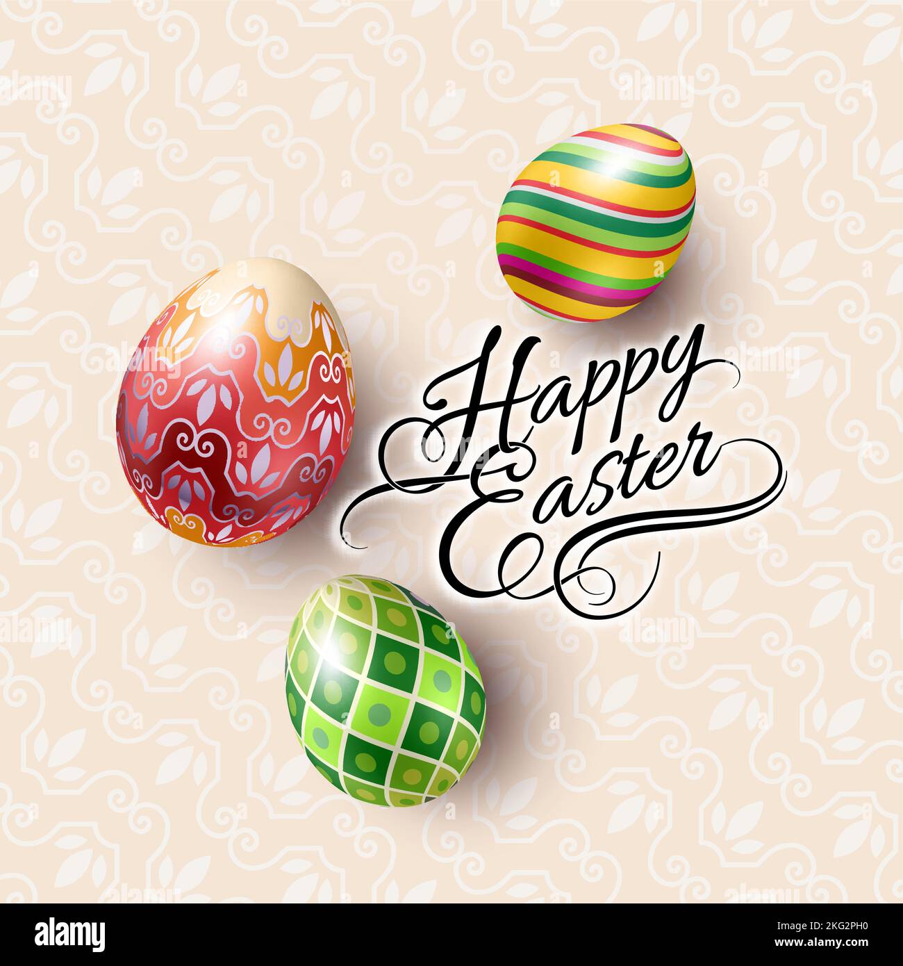 Spring, Easter Mock Up Scene with Colorful Eggs and Pattern Background, with Calligraphy Text, Top View Stock Vector