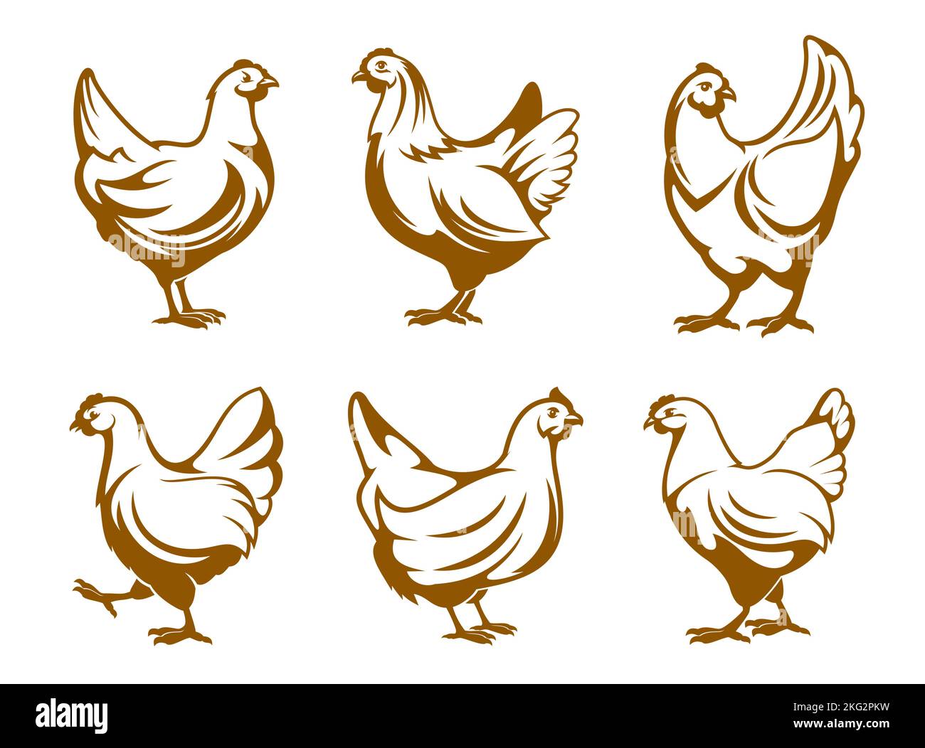 Hen icons, chicken farm and poultry meat vector symbols of farmhouse