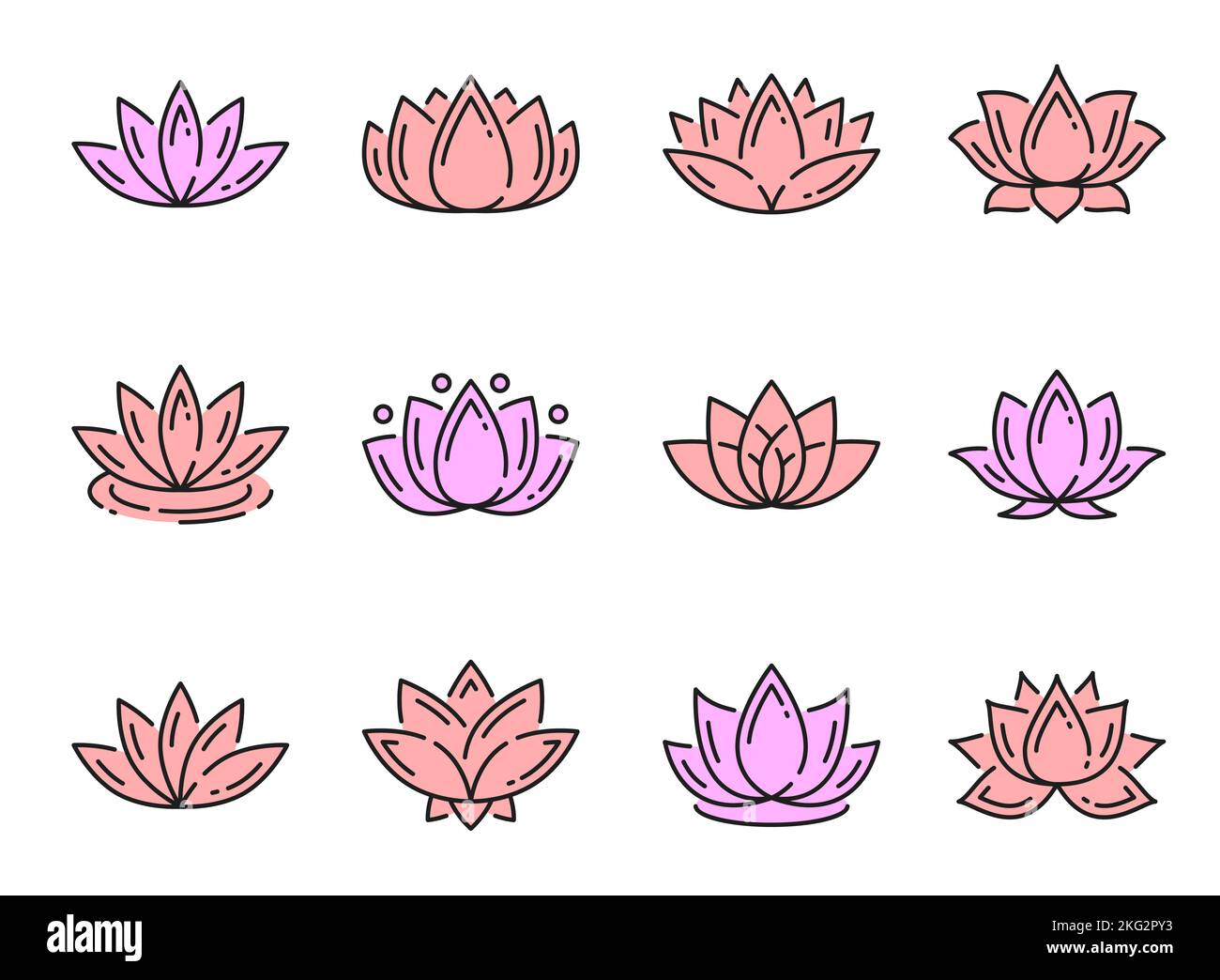 Color outline lotus icons, yoga and meditation flowers, vector floral symbols. Pink lotus flower of Oriental Spa, Ayurveda relax and Buddhism Zen meditation ornament, lotus petal buds linear icons Stock Vector