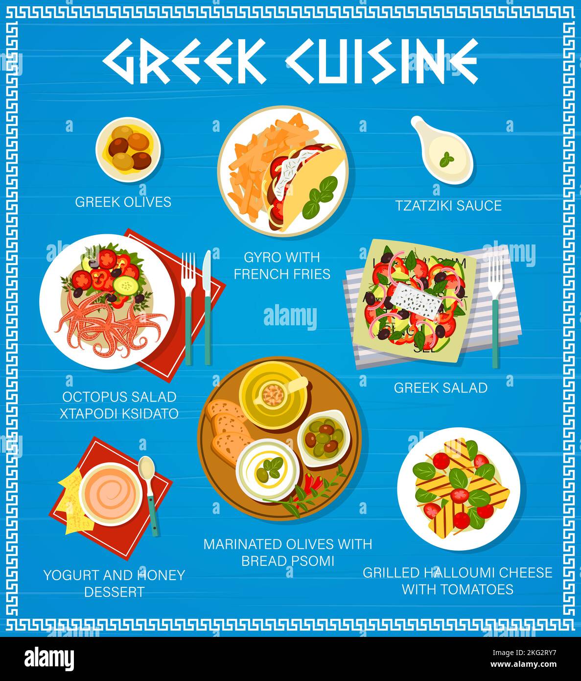 Greek cuisine menu, food and Greece dishes or meals, vector restaurant