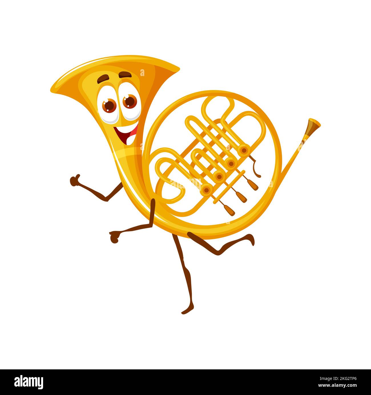 Cartoon french horn character, musical wind instrument. Isolated vector