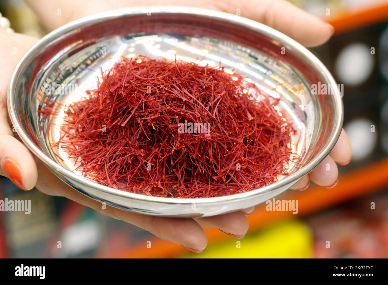 High quality red threads from saffron for sale at market.  United Arab Emirates. Stock Photo