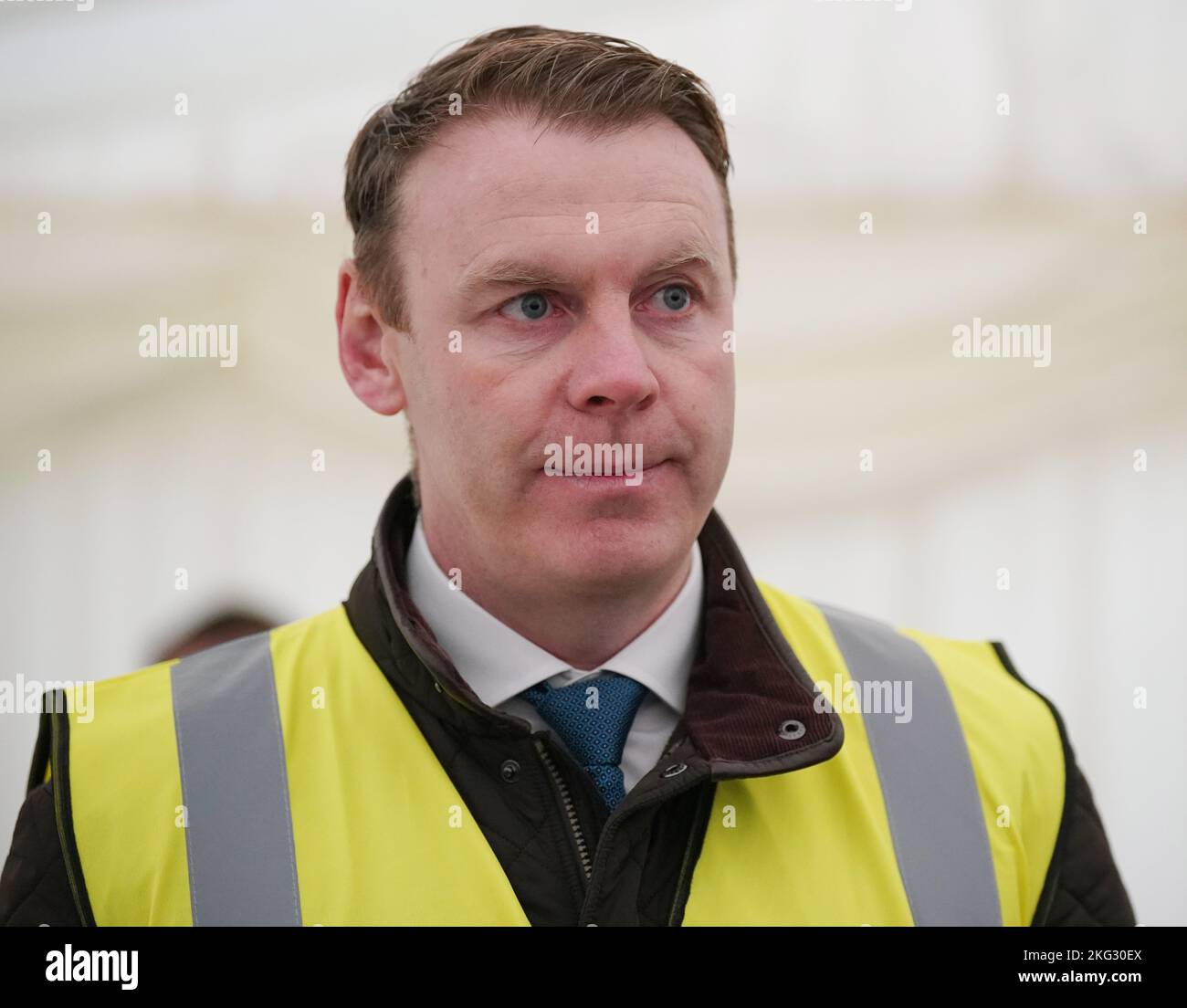 John Coleman, Chief Executive of the Land Development Agency (LDA), speaking at the sod turning to mark the start of construction of 597 affordable homes at the Shankhill development at Shanganagh, Co Dublin. Picture date: Monday November 21, 2022. Stock Photo