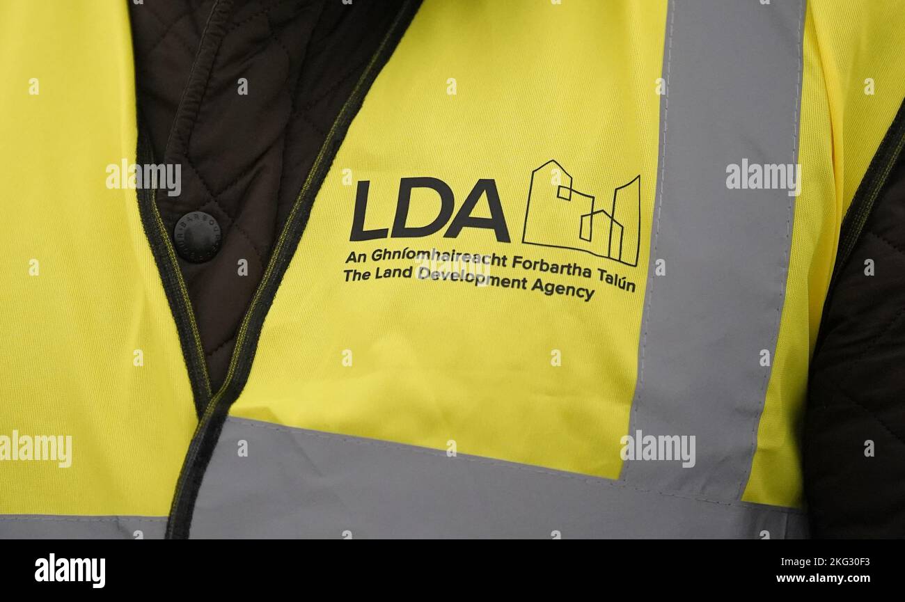 The logo of the Land Development Agency (LDA) at the sod turning to mark the start of construction of 597 affordable homes at the Shankhill development at Shanganagh, Co Dublin. Picture date: Monday November 21, 2022. Stock Photo