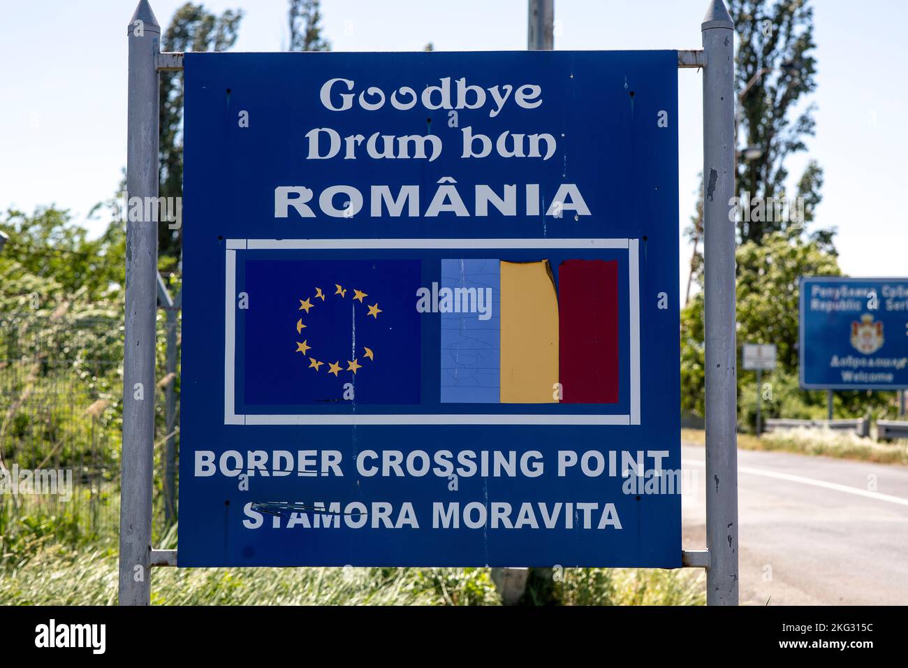 Romania-Serbia border crossing sign Stock Photo