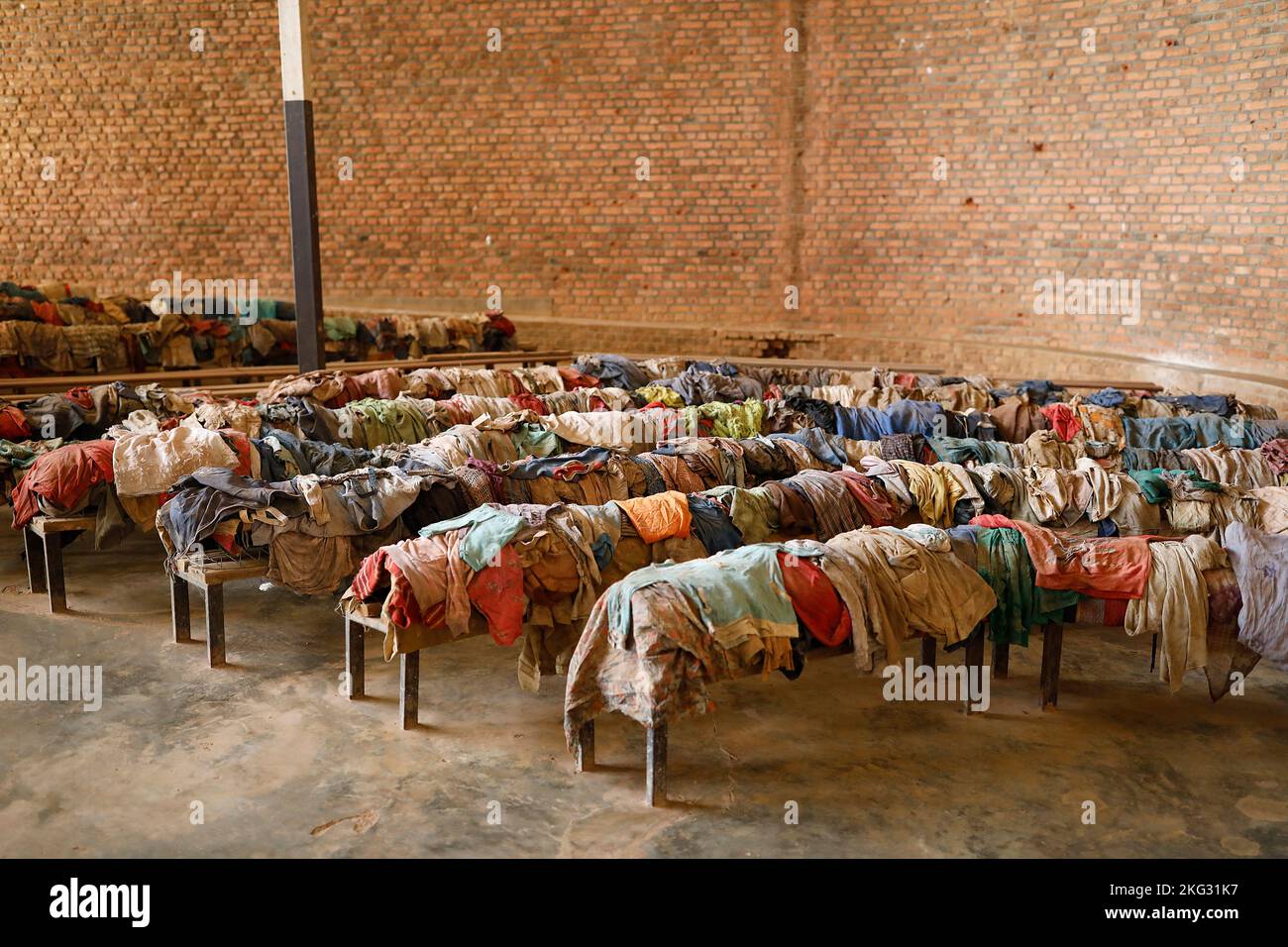 Nyamata Genocide Memorial Center, Nyamata, Rwanda. Victims' clothes on