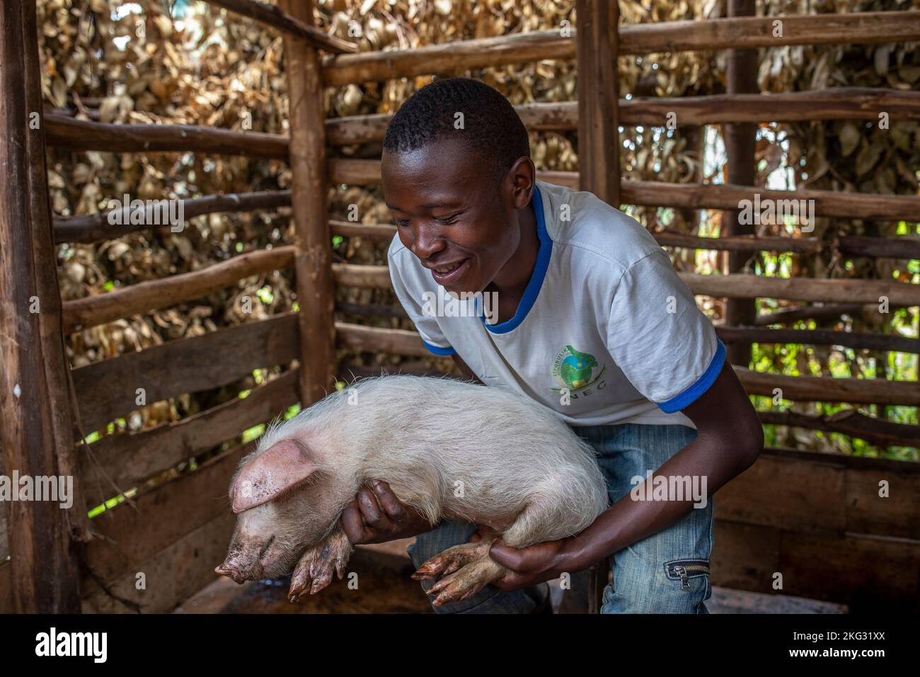Young man holding a pig in a village near Gicumbi, northern province, Rwanda Stock Photo