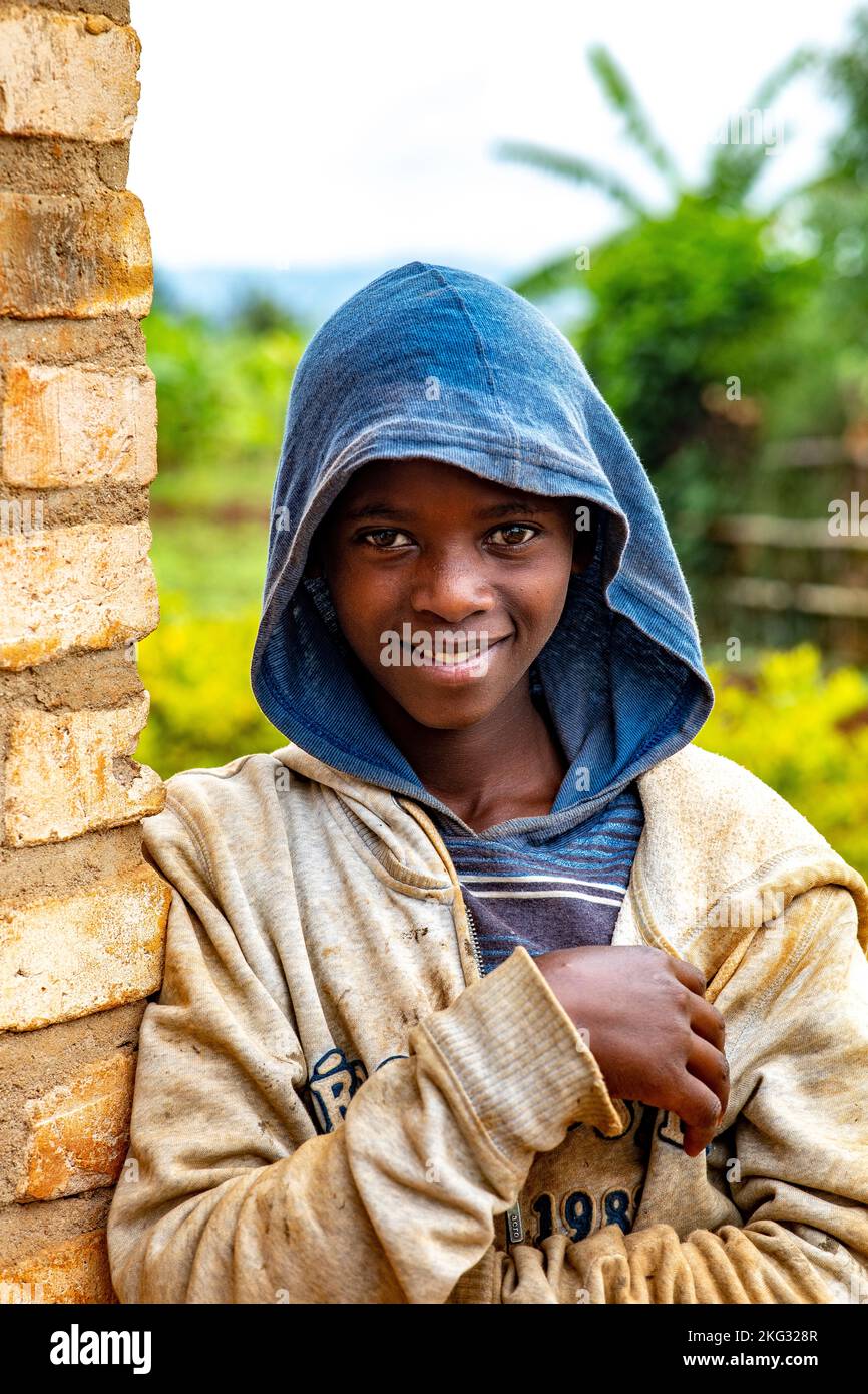 Smiling boy with hood in southern Rwanda Stock Photo - Alamy
