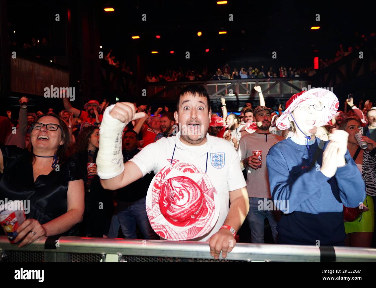An England fan celebrates the second goal at the Budweiser Fan Festival London at Outernet, during a screening of the FIFA World Cup Group B match between England and Iran. Picture date: Monday November 21, 2022. Stock Photo