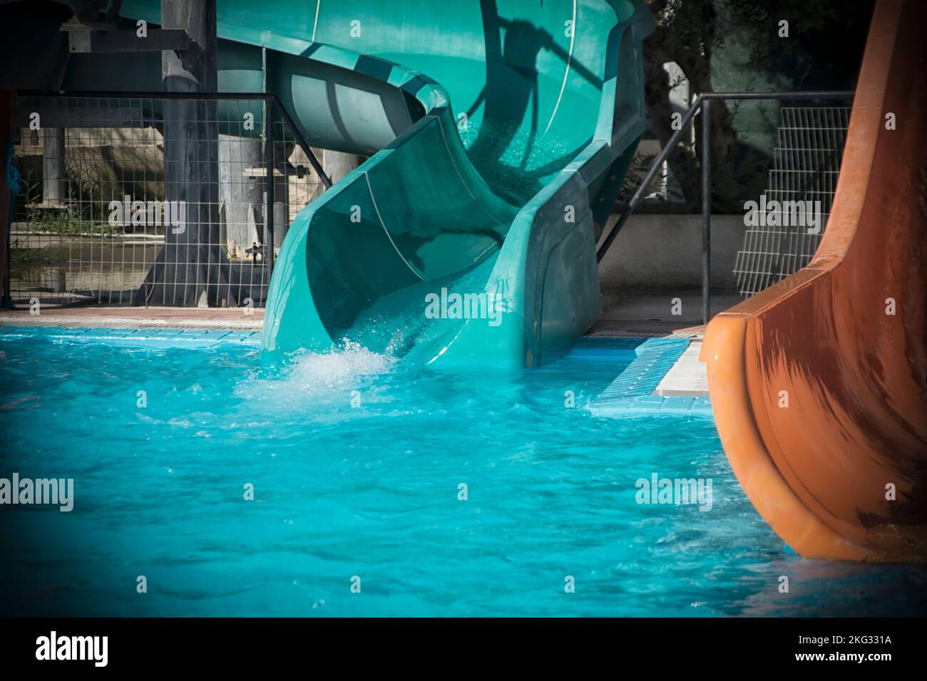 Details of blue and orange slides in an aqua park Stock Photo